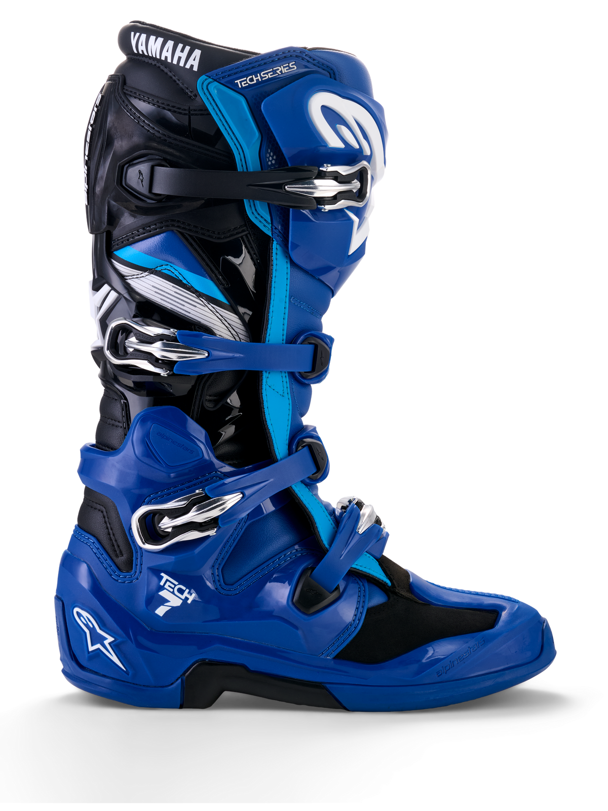 Alpinestars Yamaha Tech 7 Boots, Motocross Racing Boots, Blue with Black and White accents, side profile showing four adjustable buckles, reinforced TPU protection on the shin and heel, bold Yamaha branding, and a rugged sole for off-road performance