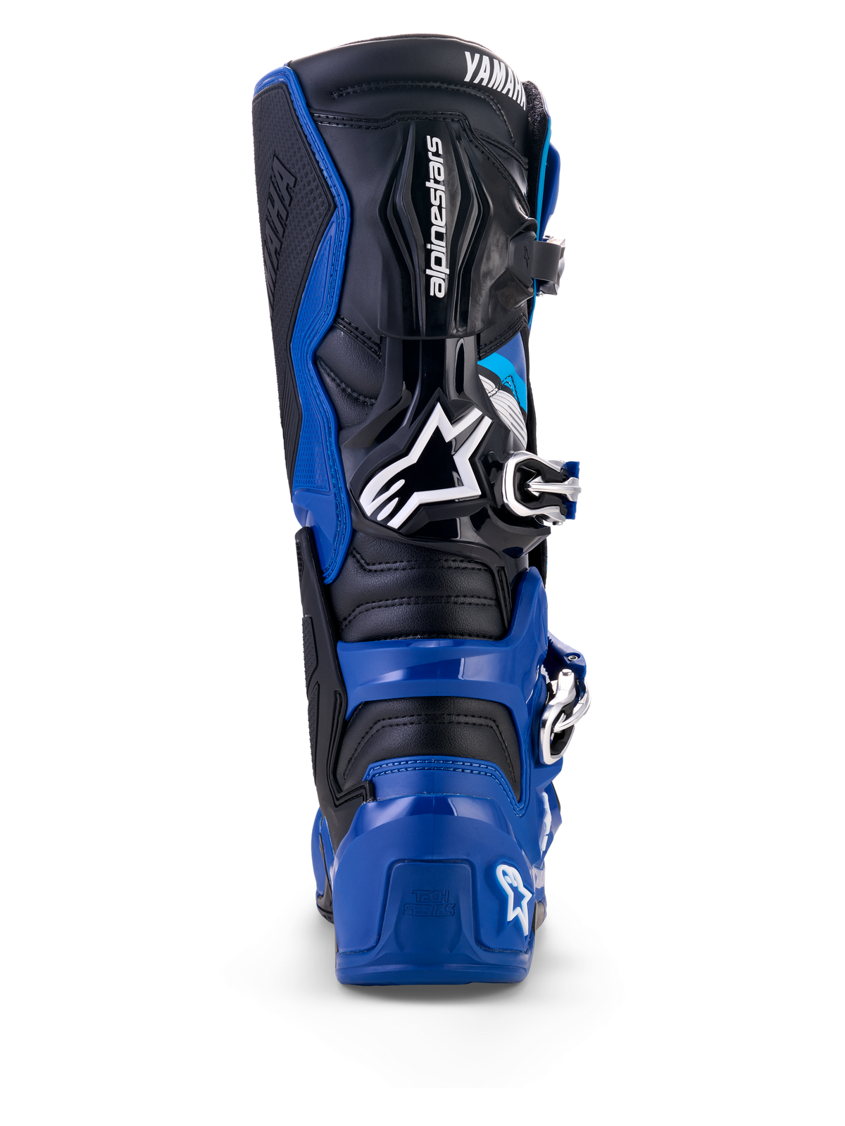 Rear view of Alpinestars Yamaha Tech 7 Boots in Blue Black and White, featuring a protective TPU shell, articulated ankle system, and prominent Alpinestars and Yamaha logos, engineered for motocross and off-road riding.
