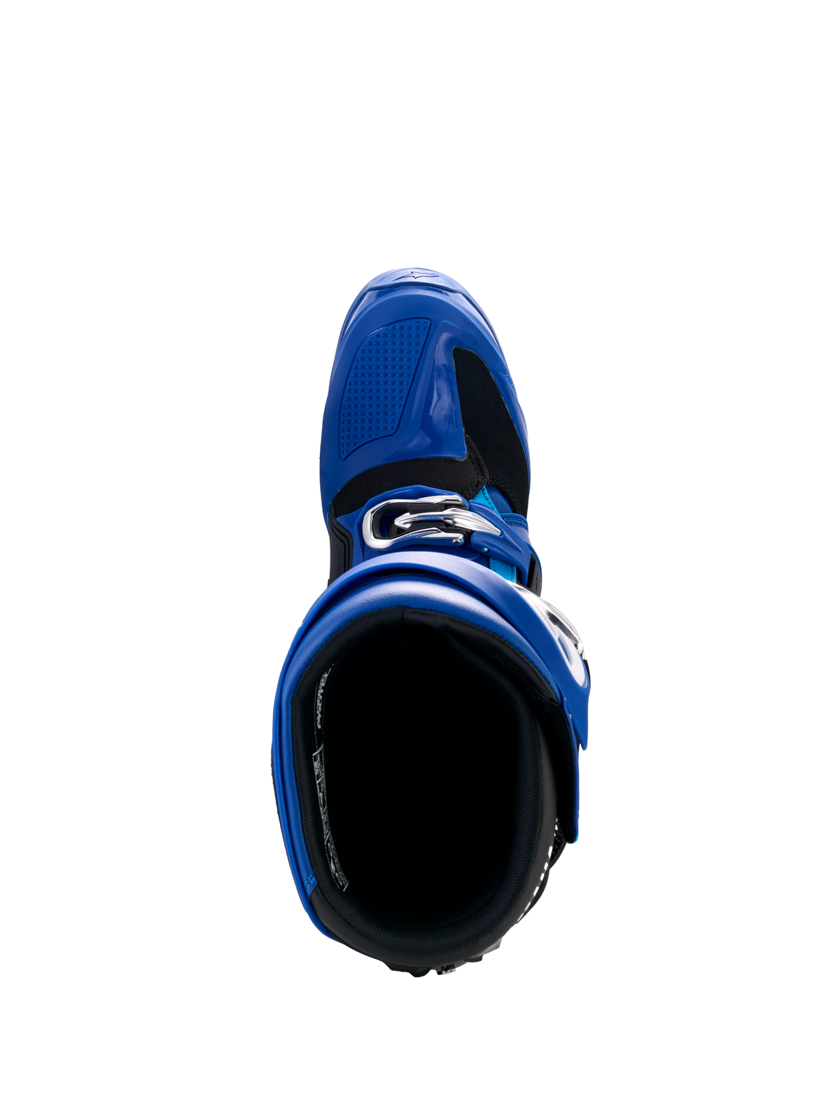 Alpinestars Yamaha Tech 7 Boots, Motocross Boots, Blue Black and White, top-down view showing interior opening and adjustable buckle system, high-performance protective footwear for off-road racing