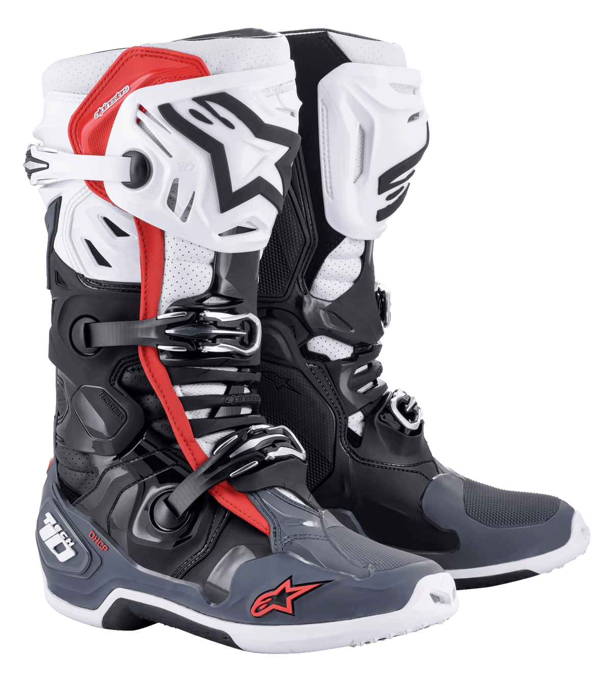 Alpinestars Tech 10 Supervented Boots, Motocross Boots, Black White Mid Gray and Red, featuring ventilated shin plates, perforated microfiber construction for airflow, multi-buckle closure system, and Alpinestars branding on the toe and heel.