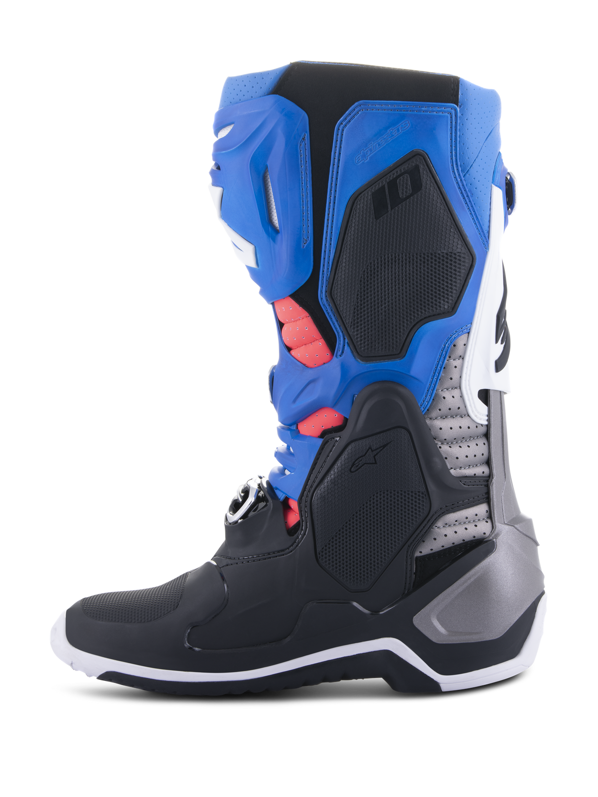 Alpinestars Tech 10 Supervented Boots, Motocross Boots, Black Enamel Blue Purple White, side view featuring blue and black panels with silver accents, coral red interior padding visible through ventilation ports, advanced off-road racing design