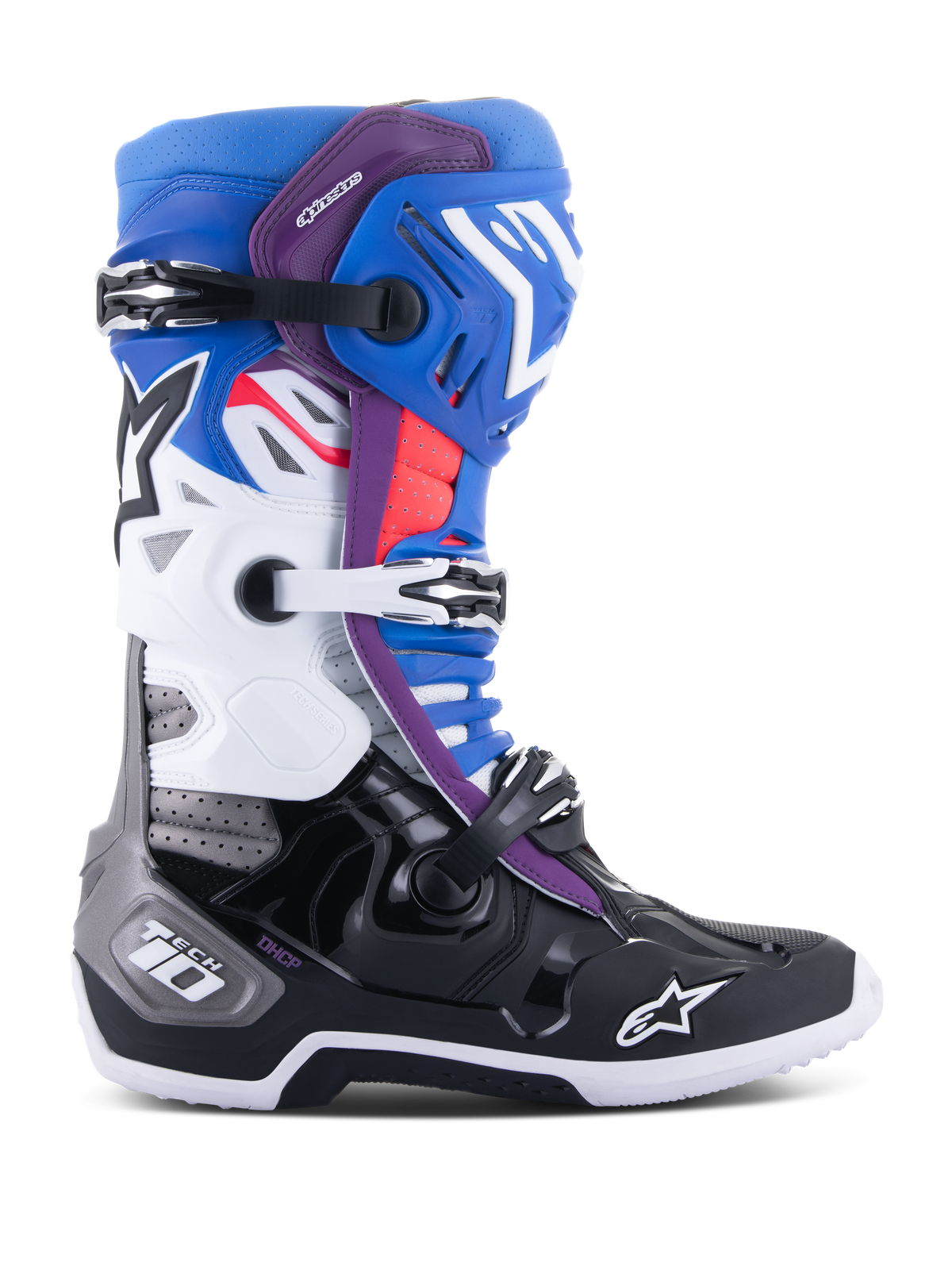 Alpinestars Tech 10 Supervented Boots, Motocross Racing Boots, Blue Purple White Black and Red, side profile view featuring a triple buckle closure system, ventilated zones, and Alpinestars star logo branding.