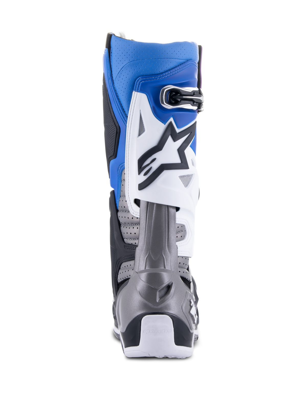 Alpinestars Tech 10 Supervented Boots, Motocross Boots, Black Enamel Blue Purple White, rear view featuring perforated microfiber for ventilation, blue and white upper with gray heel protection, high-performance off-road racing gear.