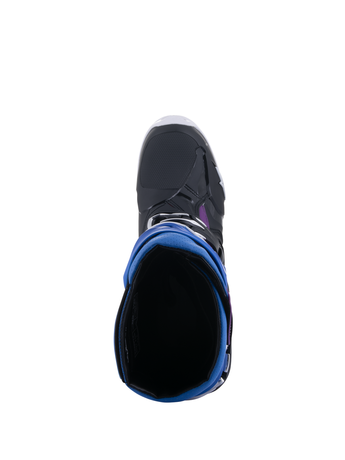 Alpinestars Tech 10 Supervented Boots, top-down view looking into the boot opening, Black Enamel Blue Purple White colorway, showing the 3D mesh lining and blue gaiter, high-performance motocross footwear