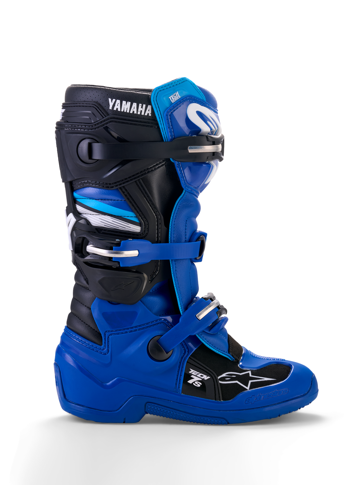 Alpinestars Yamaha Youth Tech 7S Boots, Motocross Boots, Blue Black and White, side profile view featuring adjustable buckles, TPU protection, Yamaha branding, and reinforced sole for off-road performance
