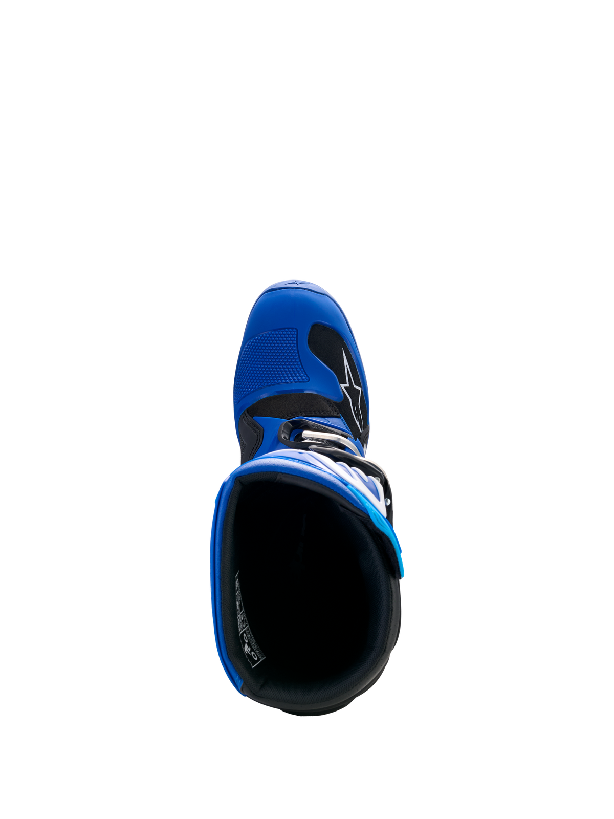 Alpinestars Yamaha Youth Tech 7S Boots, Blue Black and White, top-down view looking into the boot, showing the inner lining and TPU toe box with shifter pad, youth motocross protective footwear