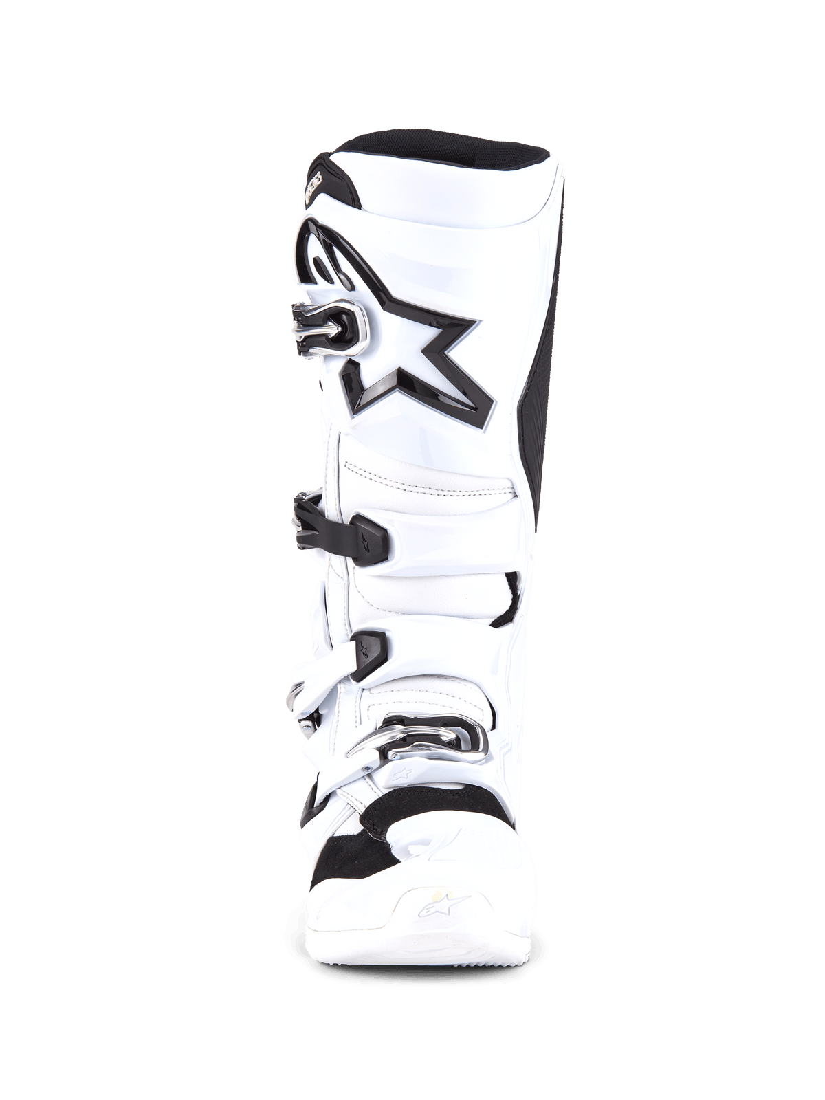 Alpinestars Tech 7 Boots, Motocross Boots, White and Black, front view featuring a four-buckle closure system, large black star logo on the shin, protective TPU shell and reinforced toe for motocross racing