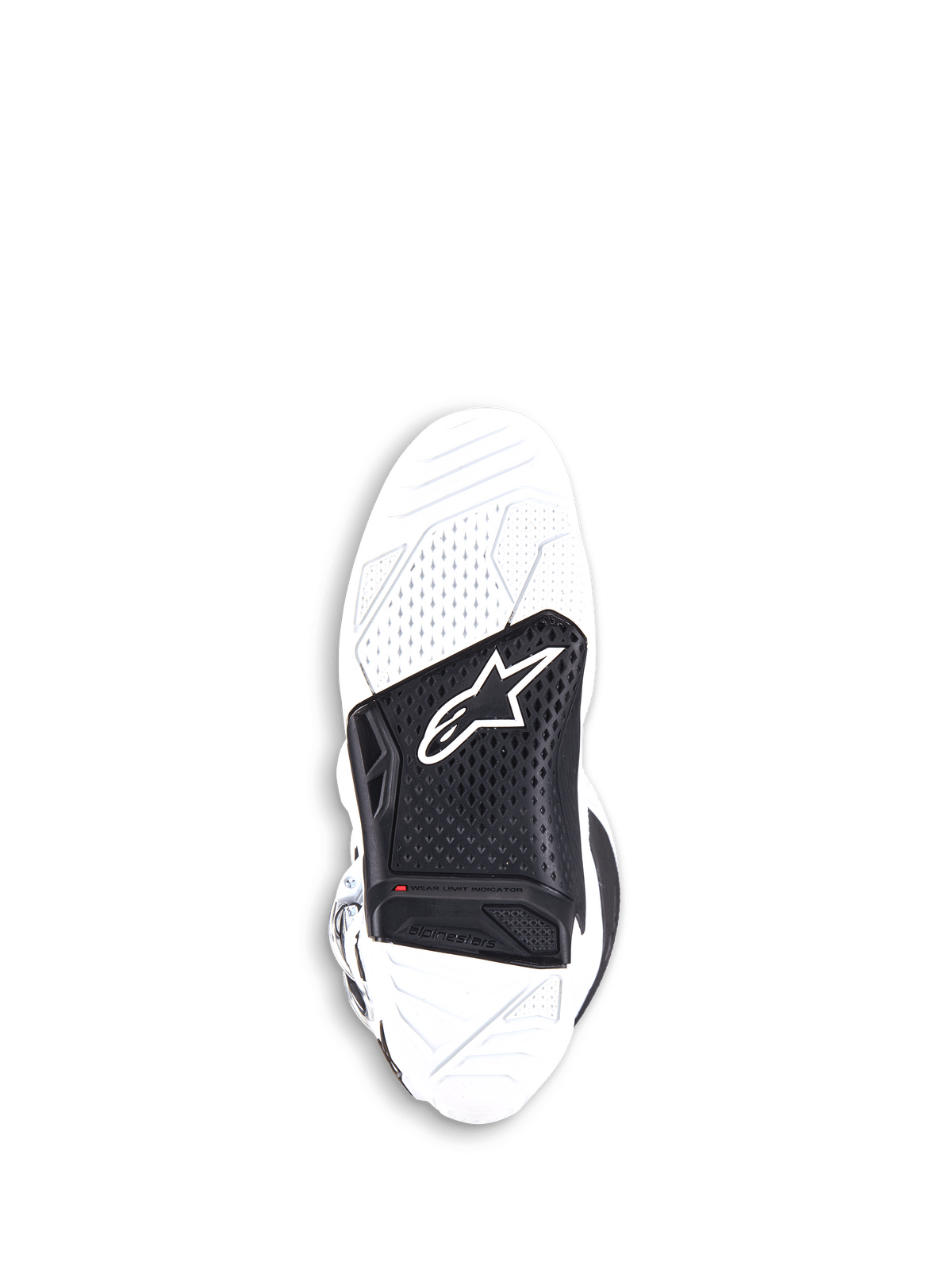 Alpinestars Tech 7 Boots, Motocross Boots, White and Black, underside view of the replaceable dual-compound vulcanized rubber sole featuring a black center insert with the Alpinestars logo and a red wear limit indicator.