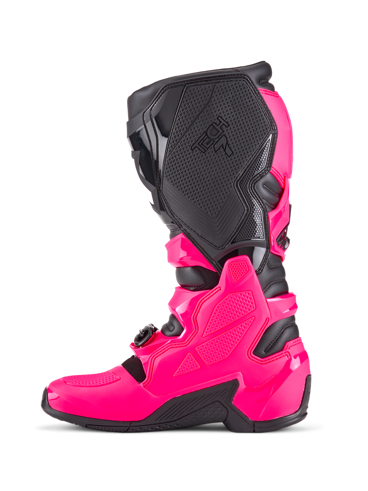 Alpinestars Tech 7 Motocross Boots, Diva Pink and Black, side profile featuring protective TPU shell, textured medial grip panels with Tech 7 branding, and rugged black sole, high-performance off-road racing footwear
