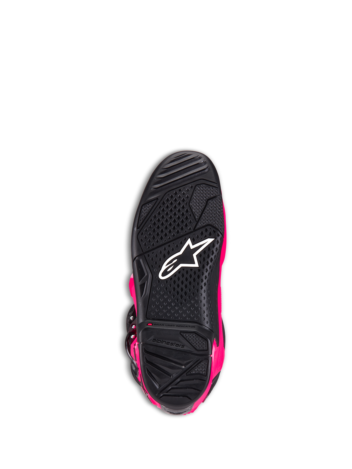 Alpinestars Tech 7 Boots, Motocross Boots, Diva Pink and Black, bottom view of the outsole showing the black textured rubber sole, white Alpinestars logo, and wear limit indicator, high-performance off-road footwear