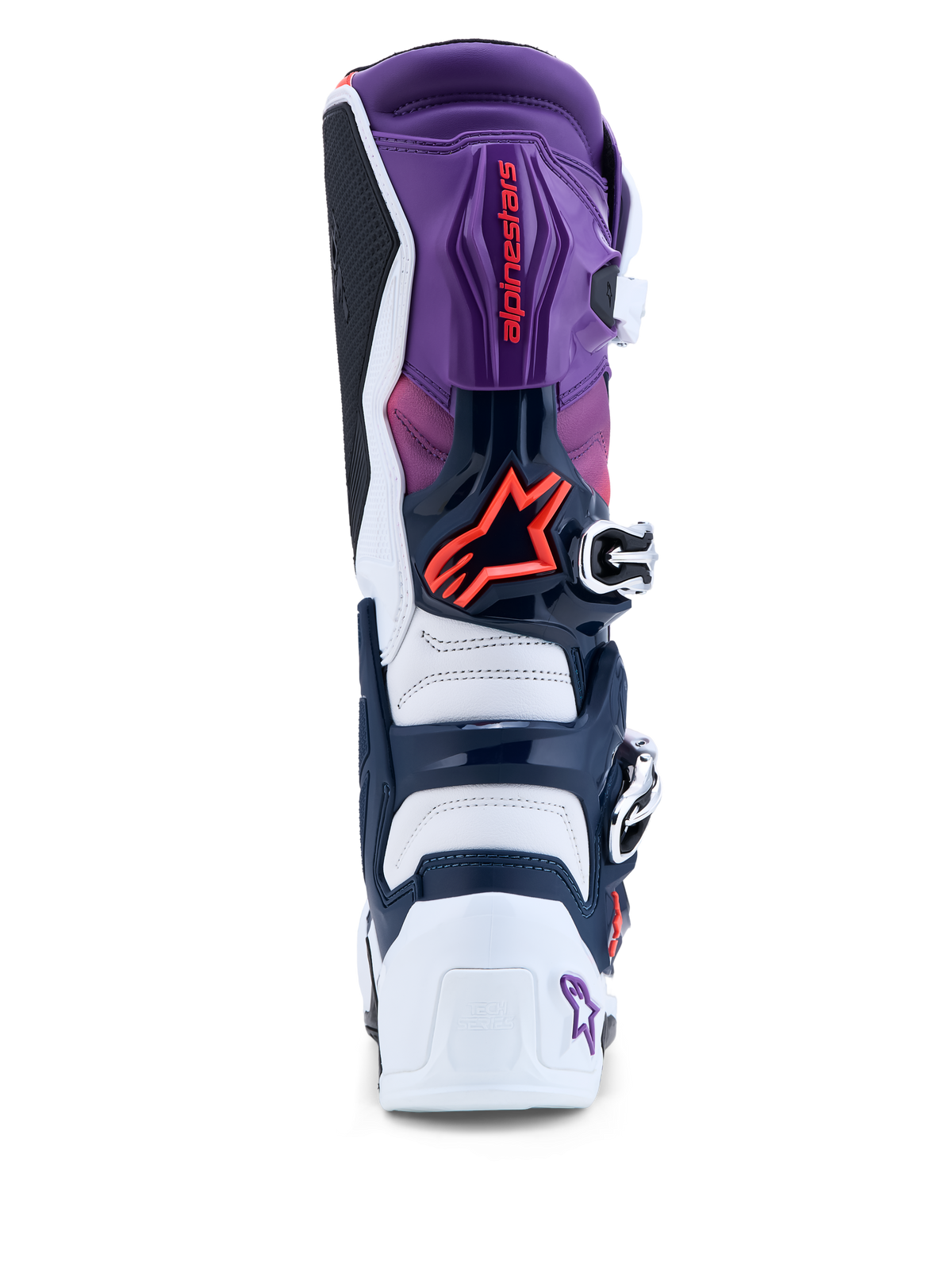 Alpinestars Tech 7 Boots, rear view of Purple and White Men's Motocross Boots with Red Fluo accents and TPU protection.
