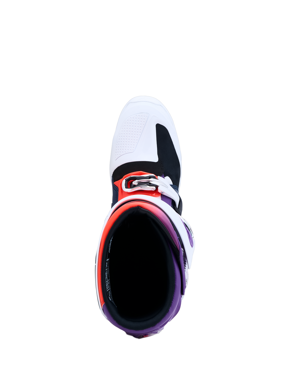 Alpinestars Tech 7 Motocross Boots, top-down view in Purple and White, featuring interior padding and secure buckle system.