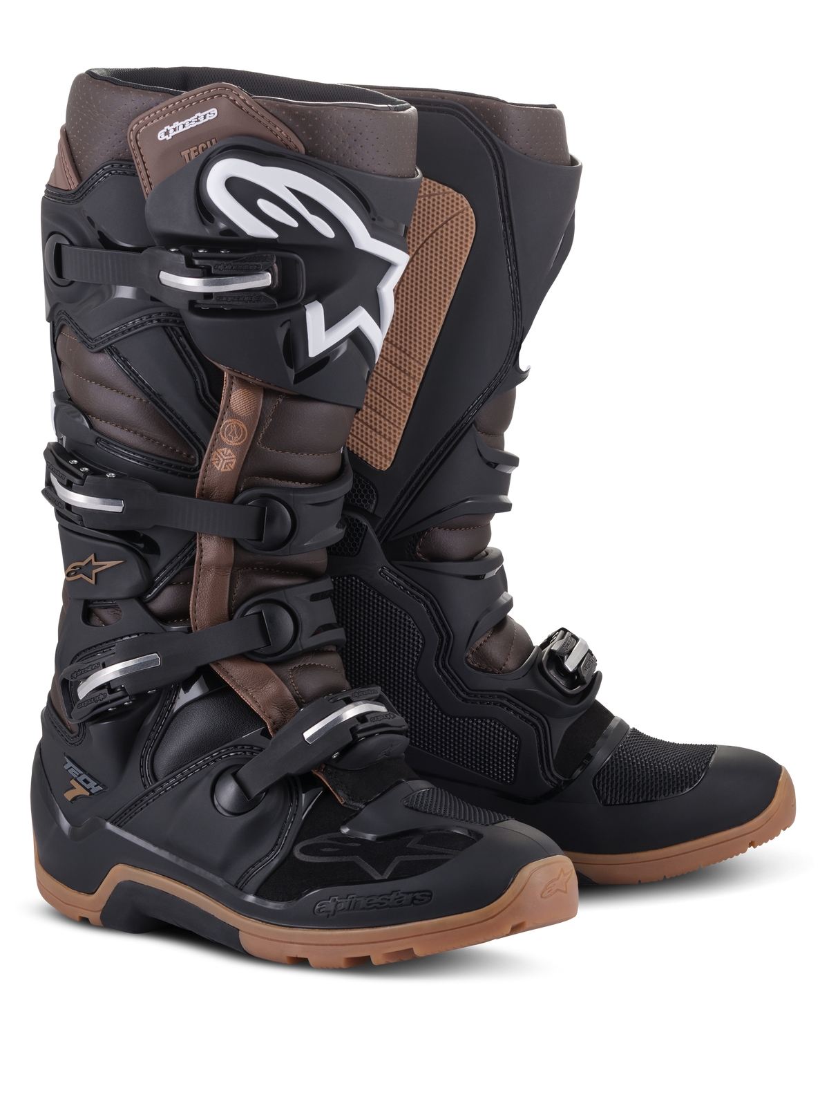 Alpinestars Tech 7 Enduro Boots, Black and Dark Brown, off-road motorcycle boots featuring a white Alpinestars logo on the shin, a four-buckle closure system, and rugged tan soles.