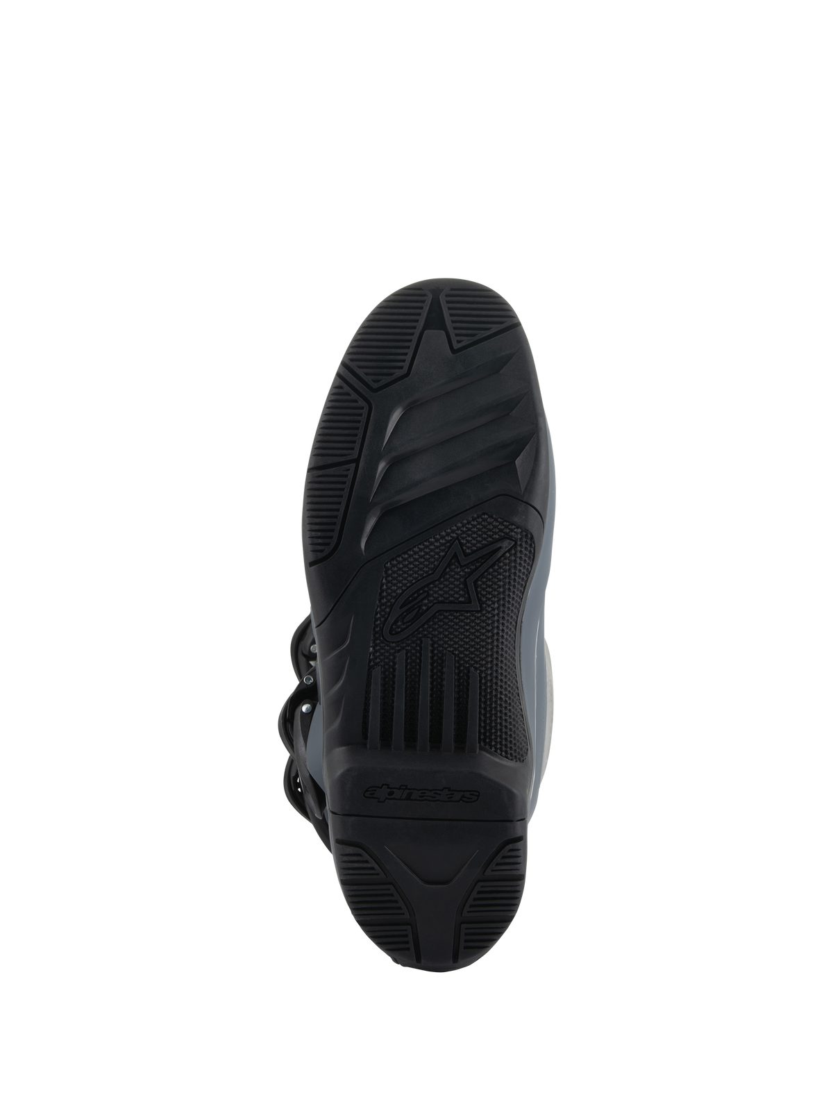 Alpinestars Tech 3 Boots, Dark Gray Light Gray Black, bottom view showing the high-grip rubber compound outsole, textured black tread with central Alpinestars logo, engineered for footpeg control and traction in off-road conditions