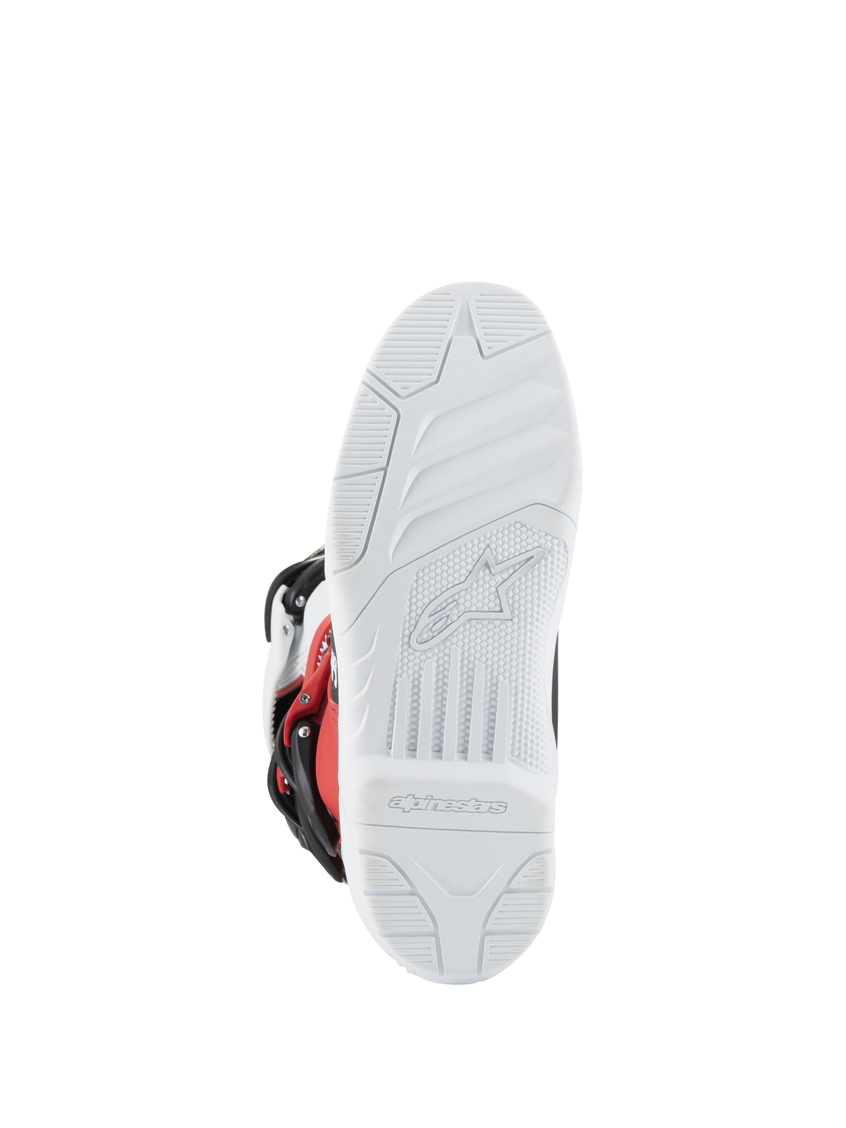 Alpinestars Youth Tech 3S Boots, Motocross Boots, White Black and Bright Red, sole view showing white textured tread with molded Alpinestars logo and branding, durable sole for off-road performance