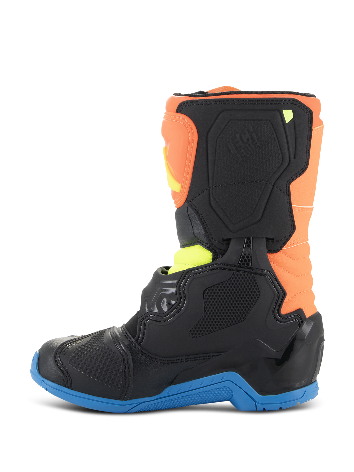 Alpinestars Kids Tech 3S Boots, Motocross Boots, Orange Fluo, Enamel Blue, and Yellow Fluo, side profile view featuring black protective panels, a blue sole, and orange upper, designed for youth off-road racing