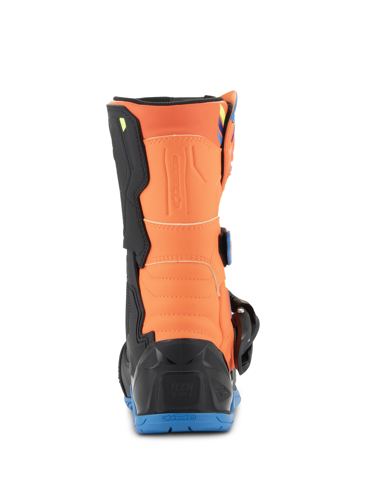 Alpinestars Kids Tech 3S Boots, Youth Motocross Boots, Orange Fluo and Enamel Blue, rear view showing the orange calf panel, black heel protector, and blue rubber outsole.