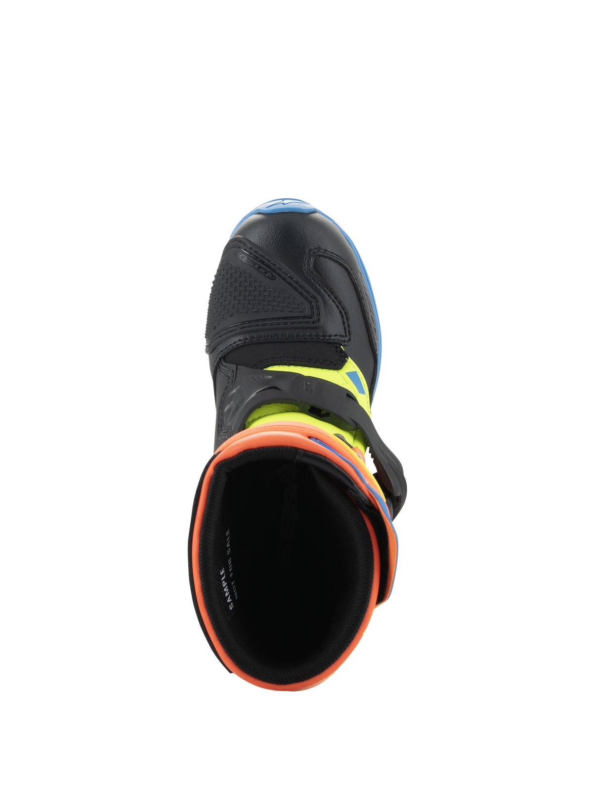 Alpinestars Kids Tech 3S Boots, Motocross Boots, Orange Fluo, Enamel Blue, and Yellow Fluo, top-down view looking into the cushioned opening, showing the black microfiber toe and buckle closure.