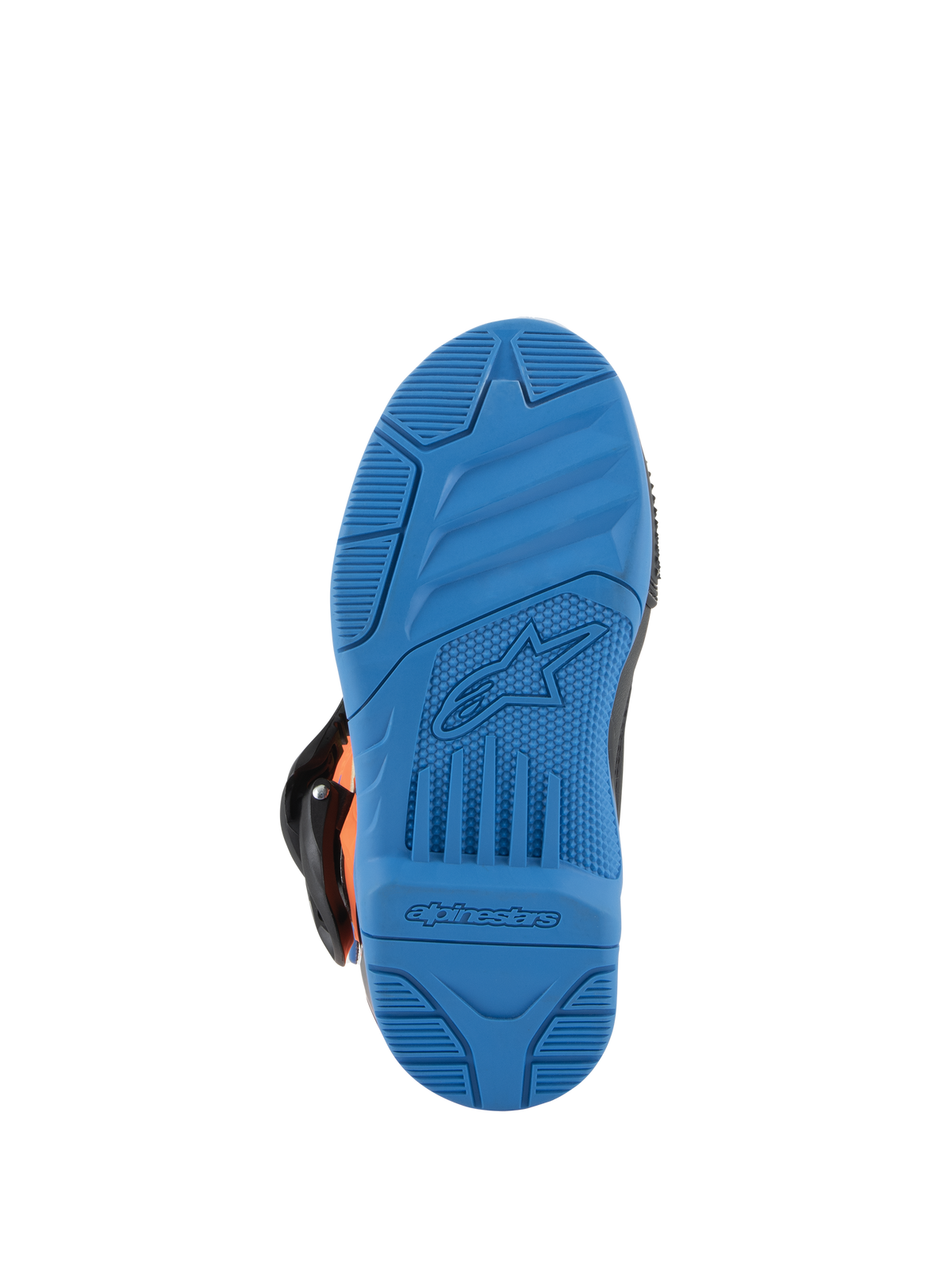 Alpinestars Kids Tech 3S Boots, Motocross Boots, Enamel Blue Sole View, high-grip rubber outsole with textured grip patterns, featuring embossed Alpinestars star logo and wordmark, durable off-road footwear design