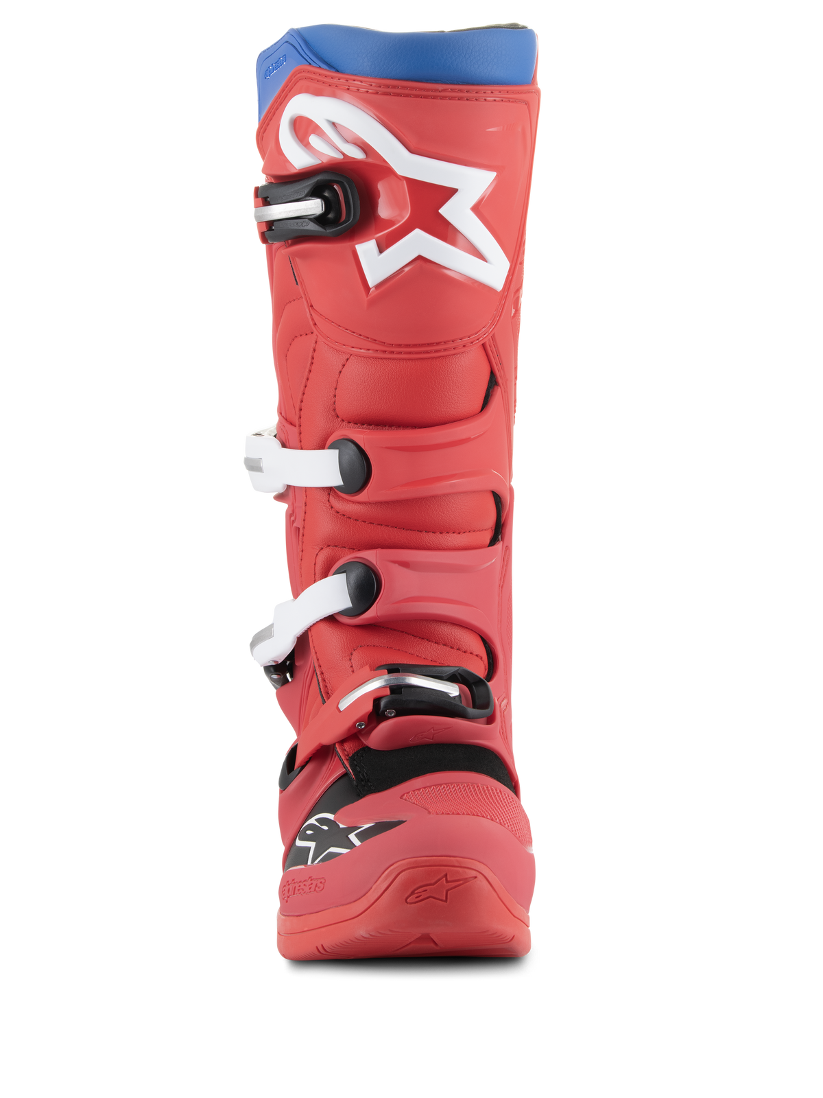 Alpinestars Tech 5 Boots, Motocross Boots, Bright Red and Alpine Blue, front view featuring large white star logo on the shin, multi-buckle closure system, and rugged microfiber design for off-road performance