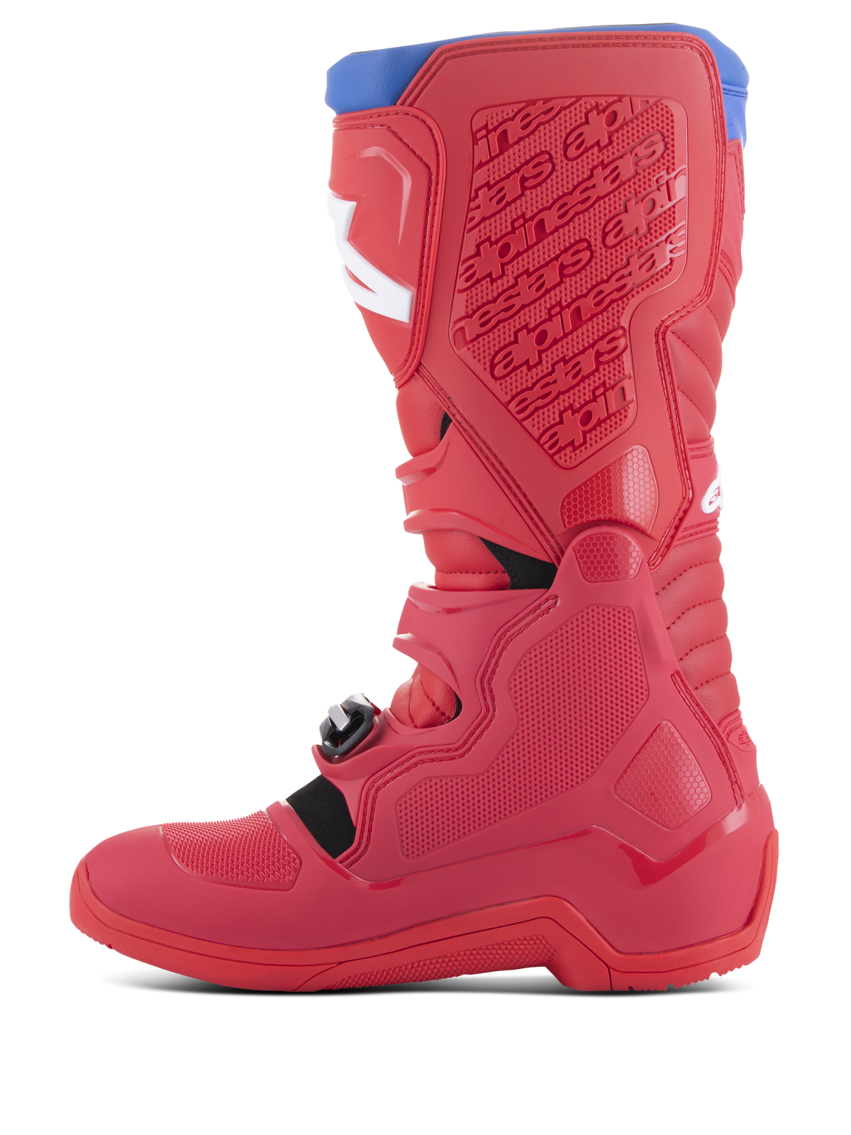 Alpinestars Tech 5 Boots, Motocross Boots, Bright Red and Dark Red with Alpine Blue accents, side view showing multi-panel construction, protective polymer plates, white logos, and buckle system for off-road riding.