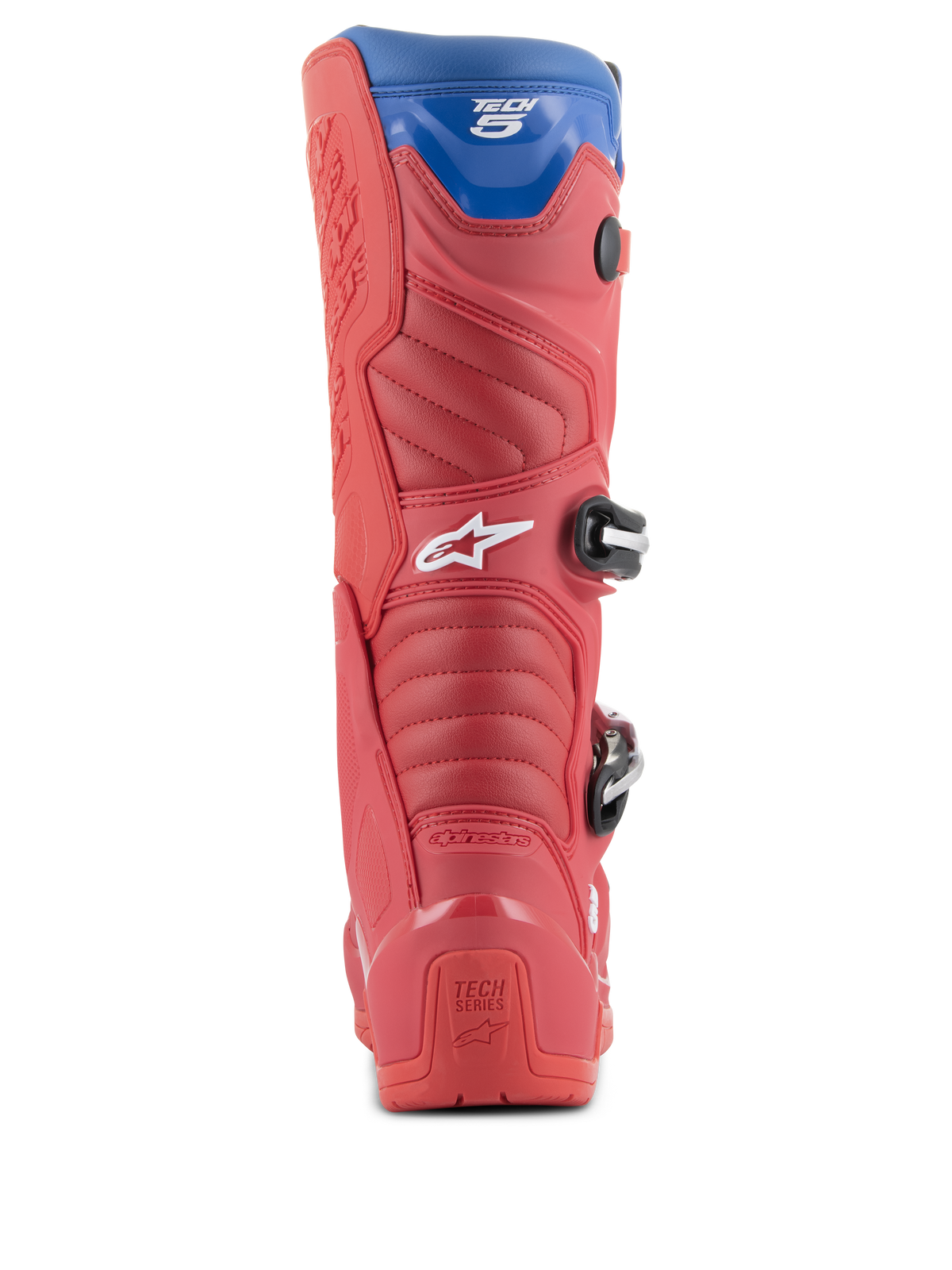 Alpinestars Tech 5 Boots, Motocross Boots, Bright Red, Dark Red, and Alpine Blue, rear view showing the heel, accordion flex zones, and blue top gaiter, with visible buckles and branding