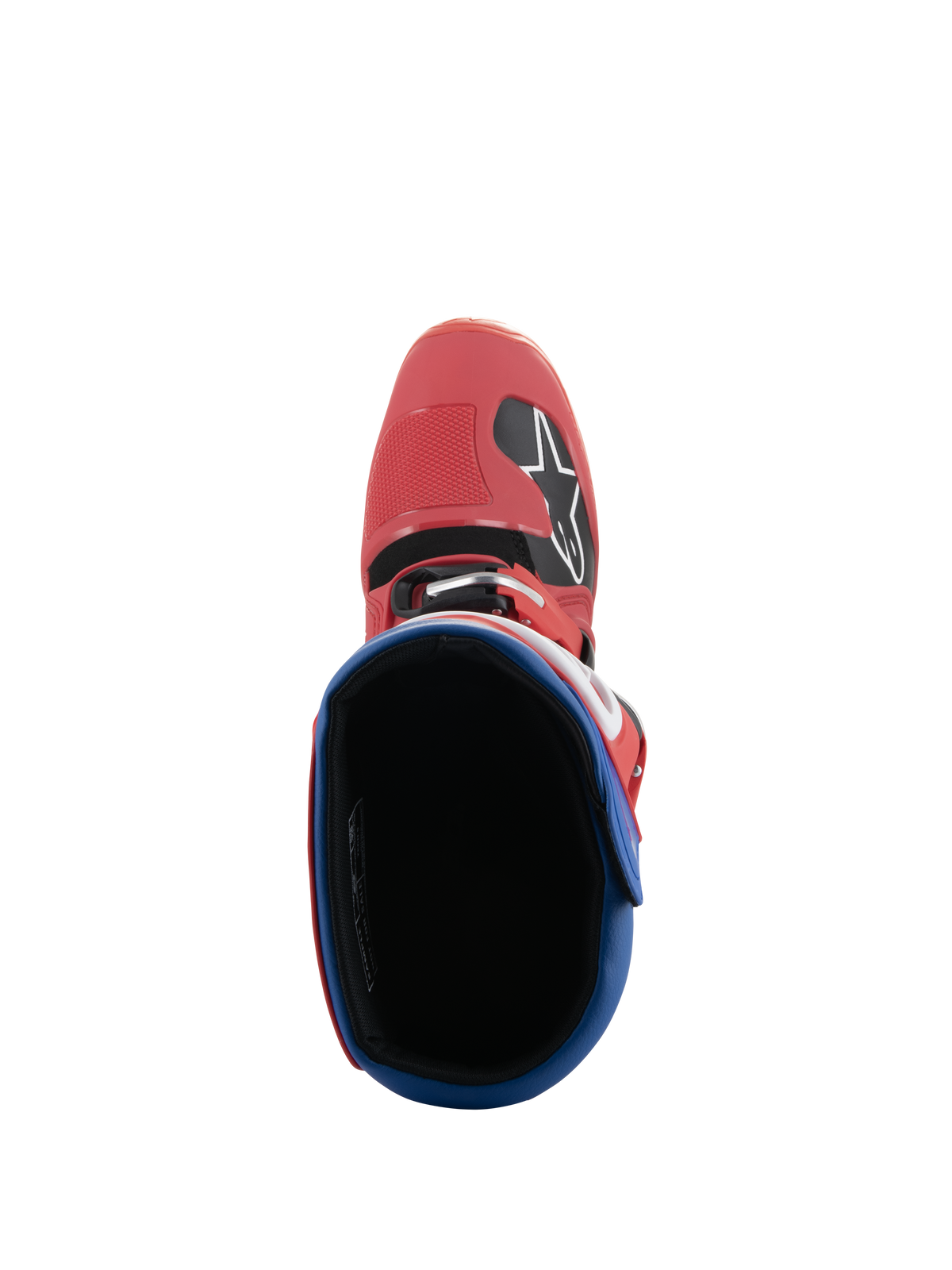 Alpinestars Tech 5 Boots, Motocross Boots, Bright Red and Alpine Blue, top-down view looking into the boot interior, red microfiber toe box with Alpinestars logo, blue padded collar, durable off-road racing design