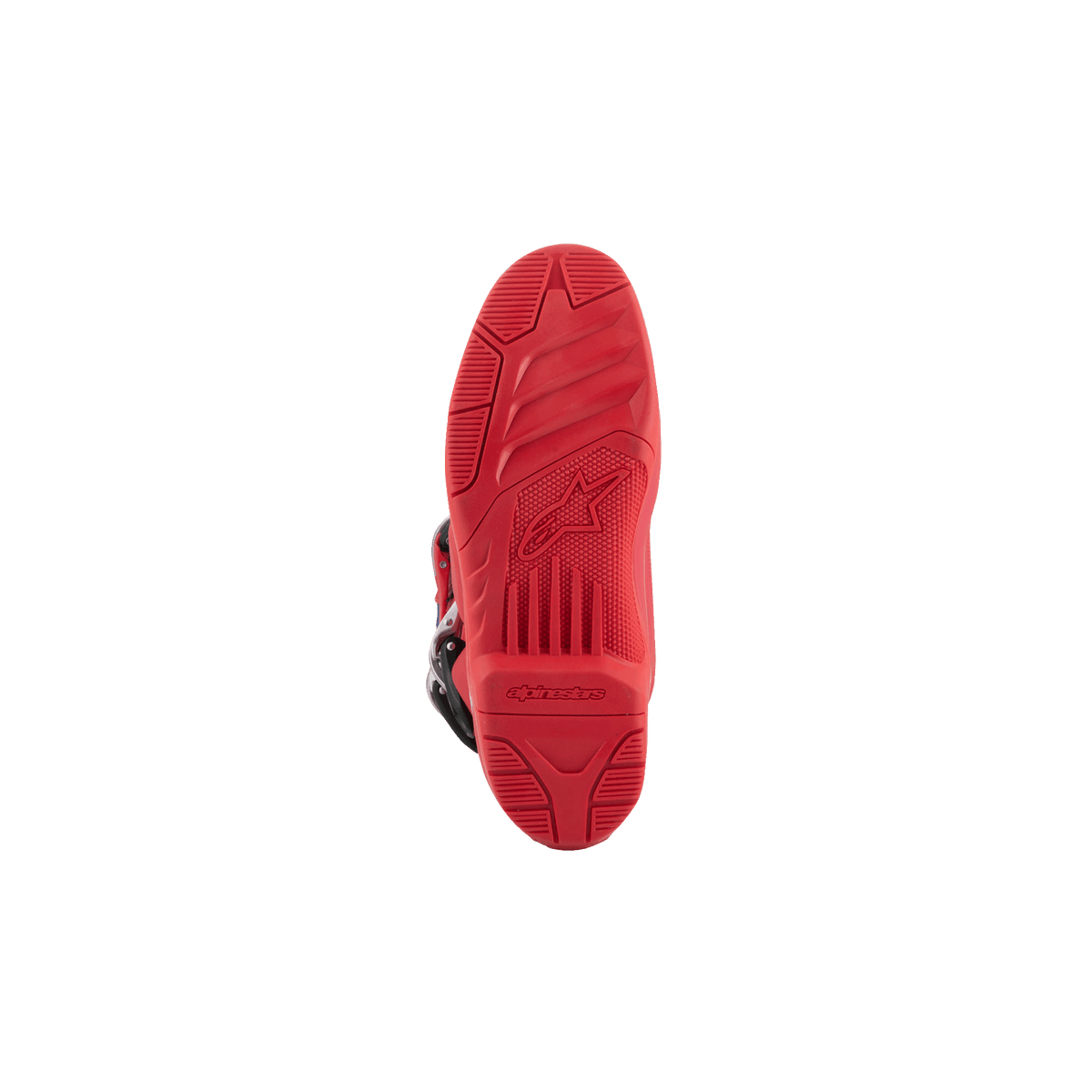 Alpinestars Tech 5 Boots, Motocross Boots, bottom view showing the Bright Red sole, textured dual compound tread pattern with embossed Alpinestars logo and branding, designed for off-road performance