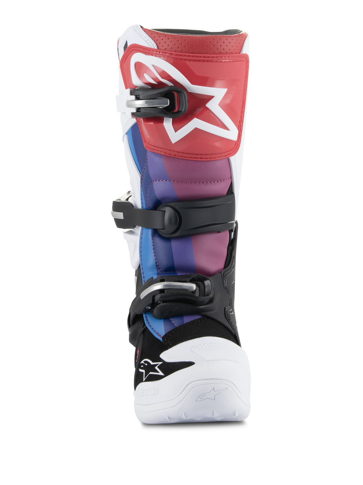 Alpinestars Youth Tech 7S Boots, Motocross Boots, White Black Rainbow, front view featuring a red shin plate with white star logo, blue and purple panels, black buckle system, and white toe, durable off-road racing footwear