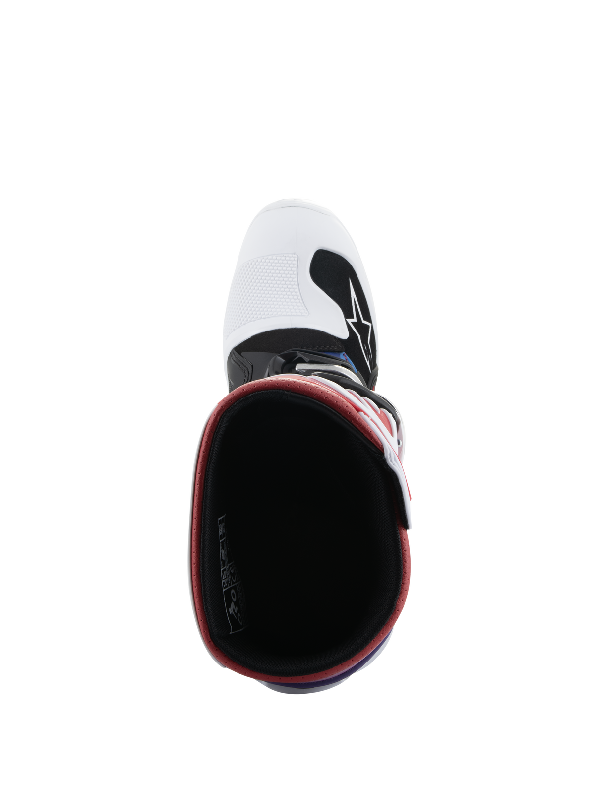 Alpinestars Youth Tech 7S Boots, Motocross Boots, White Black Rainbow, top-down view looking into the boot, black interior with red rim, white toe box with black Alpinestars logo
