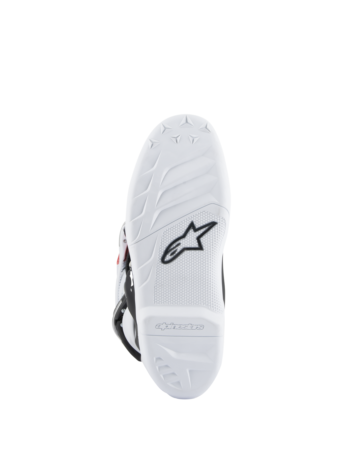 Alpinestars Youth Tech 7S Boots, Motocross Boots, White sole with black Astars logo, textured grip pattern, durable compound material for off-road performance
