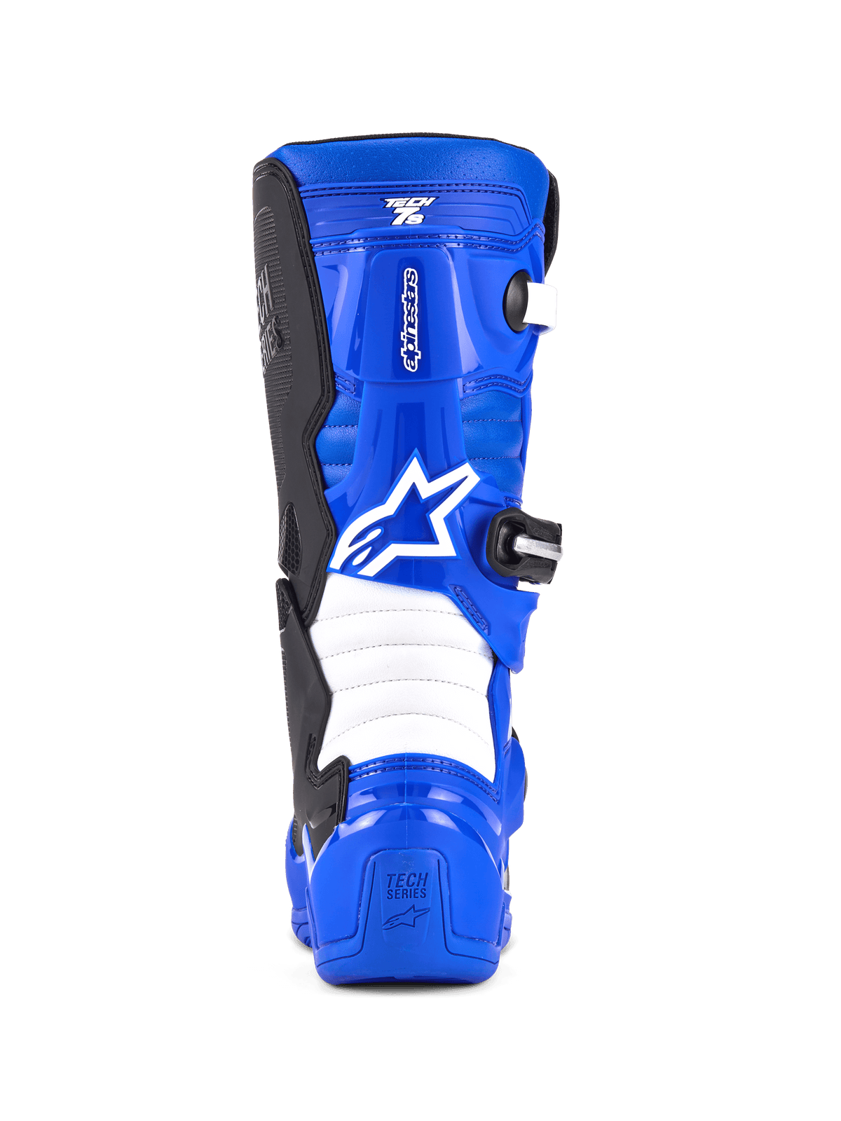 Alpinestars Youth Tech 7 S Boots, Motocross Boots, Blue Black and White, rear view featuring white Alpinestars logo, blue TPU shell with white accordion flex zones, protective footwear for youth off-road riding.