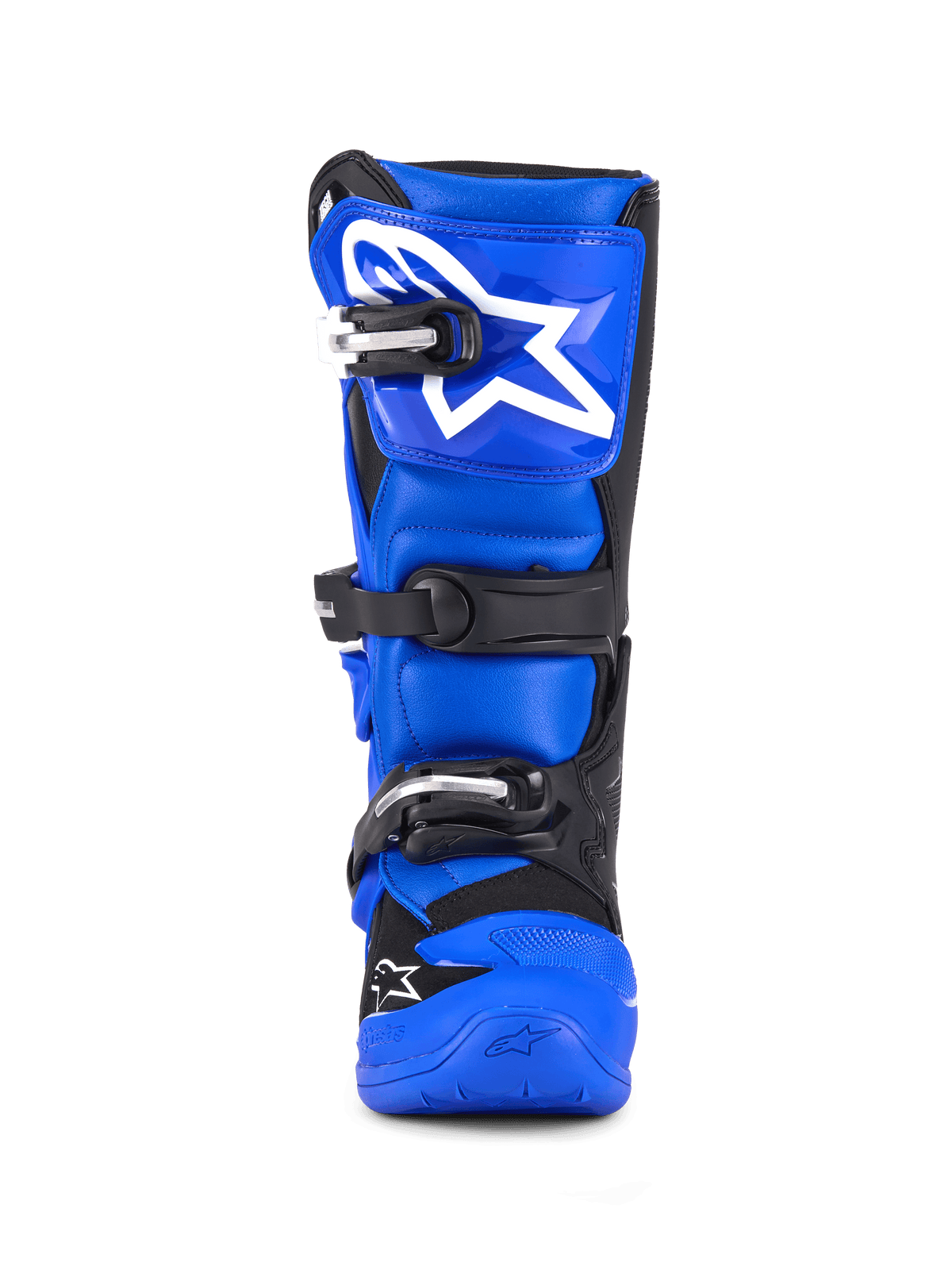 Alpinestars Youth Tech 7 S Boots, Motocross Boots, Blue Black and White, front view featuring triple buckle closure, large white Alpinestars logo on the shin plate, durable blue sole, high-performance protective gear for young riders