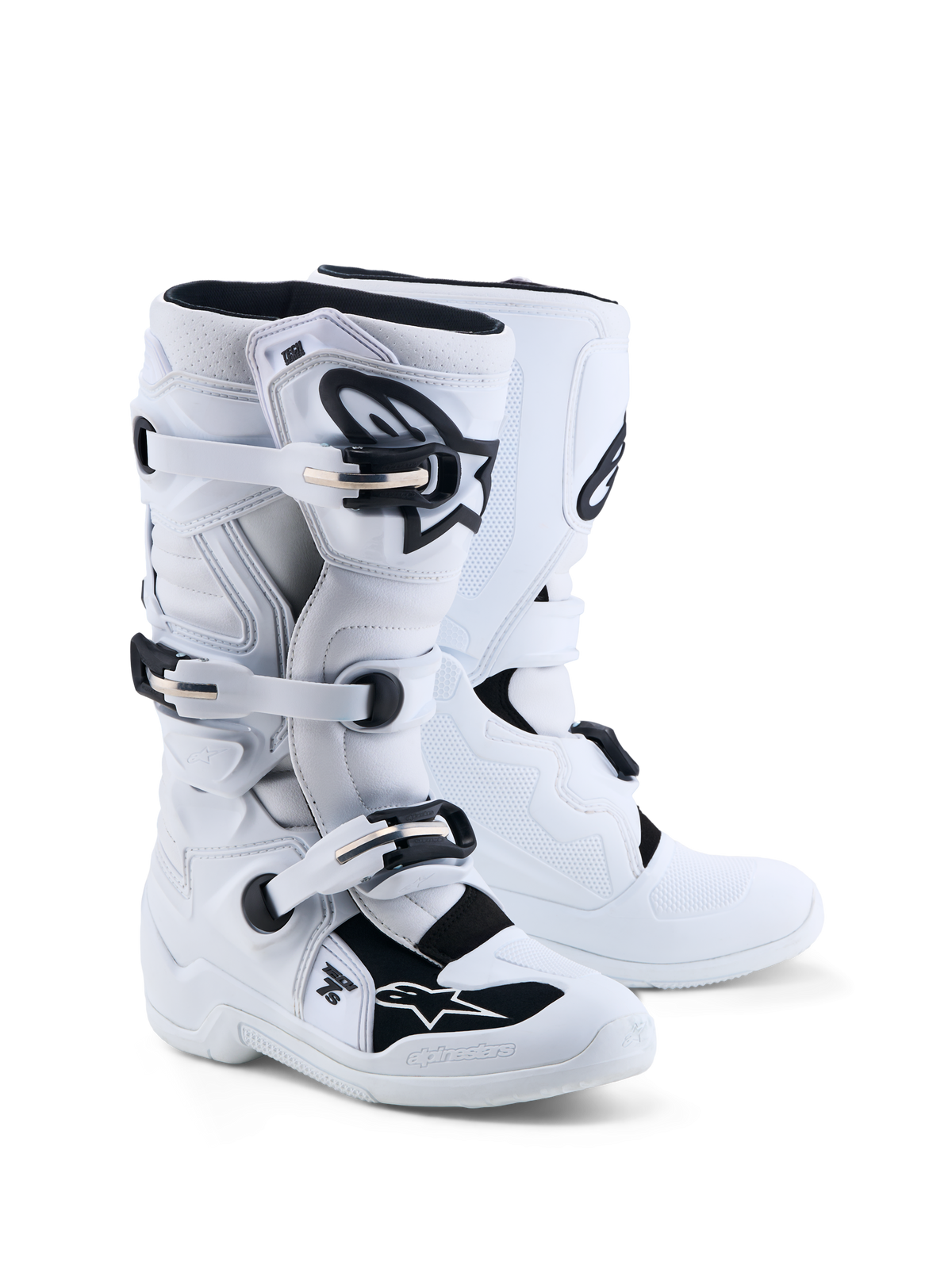Alpinestars Youth Tech 7S Motocross Boots, White and Black junior racing gear with TPU protection and CE certification.