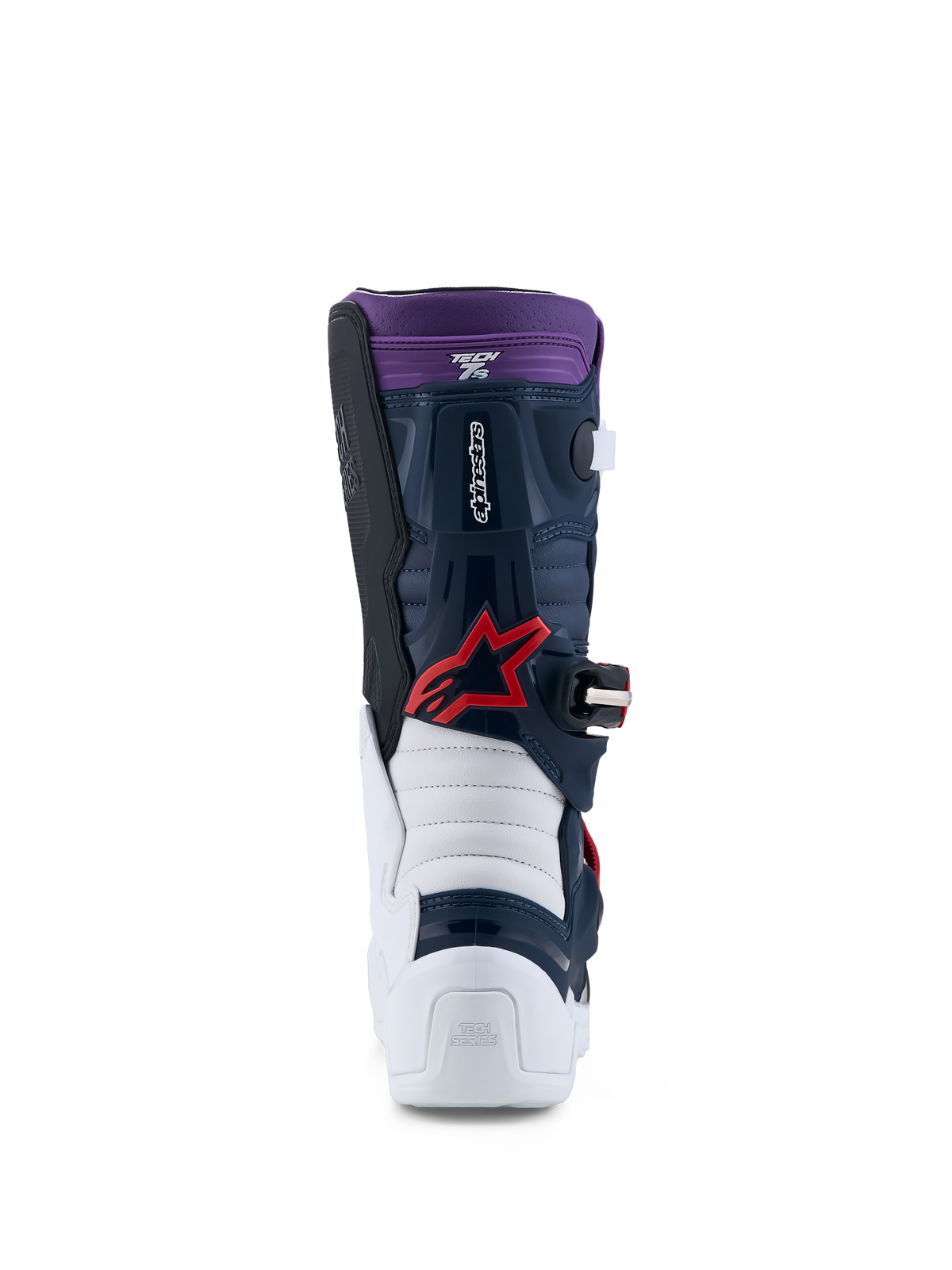 Alpinestars Youth Tech 7S Boots, motocross gear for junior riders, dark blue and white with red accents, CE certified.
