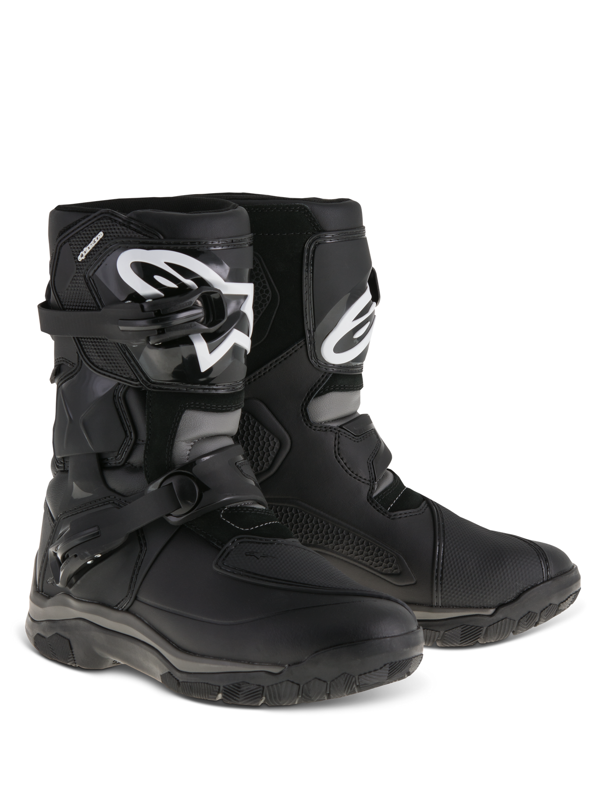 Alpinestars Belize Drystar® Boots, Adventure Touring Motorcycle Boots, Black, low-cut design with dual buckle closure system, TPU shin plate featuring white Alpinestars logo, rugged vulcanized rubber outsole for trail and road use