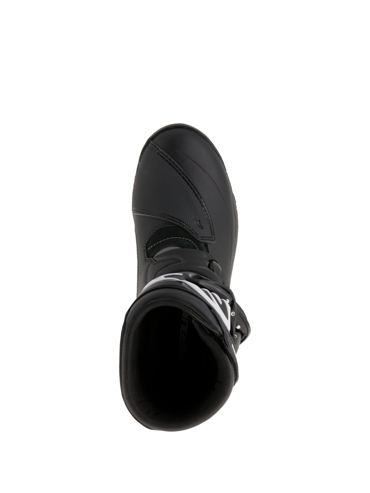 Alpinestars Belize Drystar® Boots, Adventure Touring Motorcycle Boots, Black, top-down view showing the entry aperture and reinforced shift pad, waterproof leather and microfiber construction