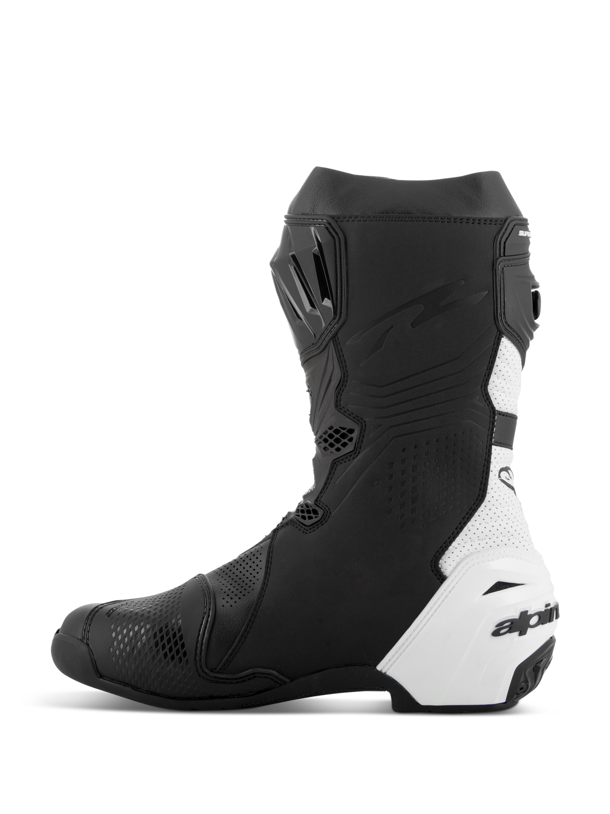 Alpinestars Supertech R Vented Boots, Racing Motorcycle Boots, Black and White, medial side view, extensive perforations for airflow, white synthetic microfiber panels, TPU reinforcements, and sleek aerodynamic profile for track racing.
