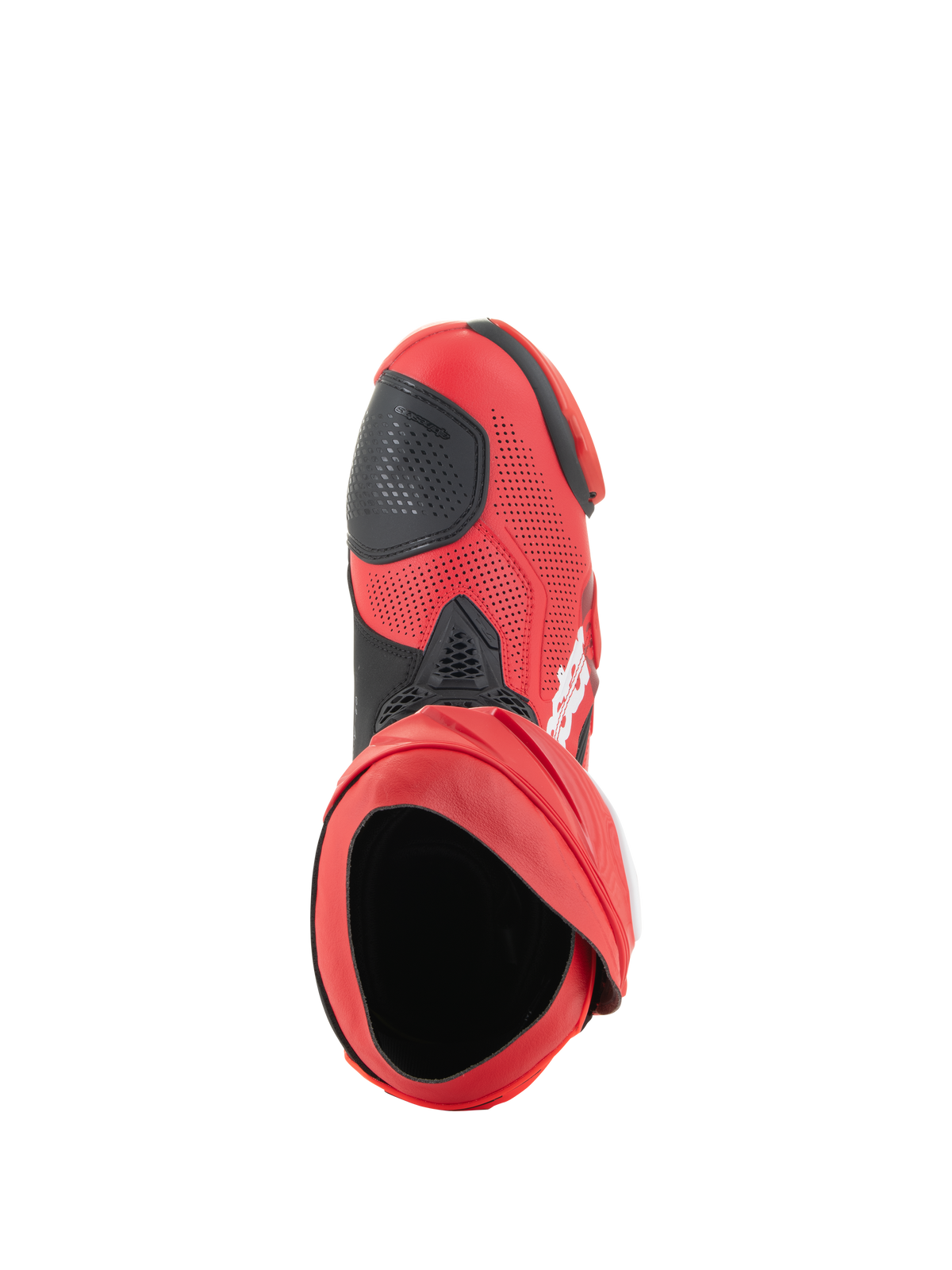 Alpinestars Supertech R Vented Boots, Racing Boots, Bright Red and Red Fluo, top-down view showing the boot opening, perforated microfiber upper with black shifter pad, professional track and road racing footwear
