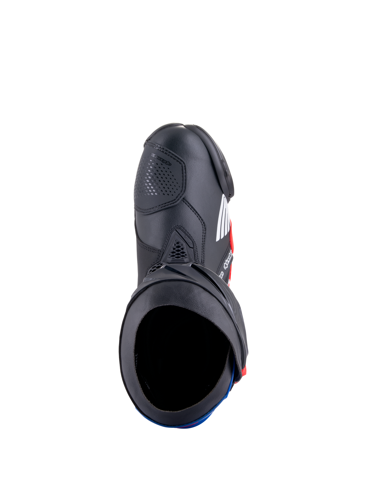 Alpinestars Honda Supertech R Boots, Motorcycle Racing Boots, Black Bright Red and Blue, top-down view showing the boot opening and microfiber construction, featuring protective TPU plates and a streamlined racing design