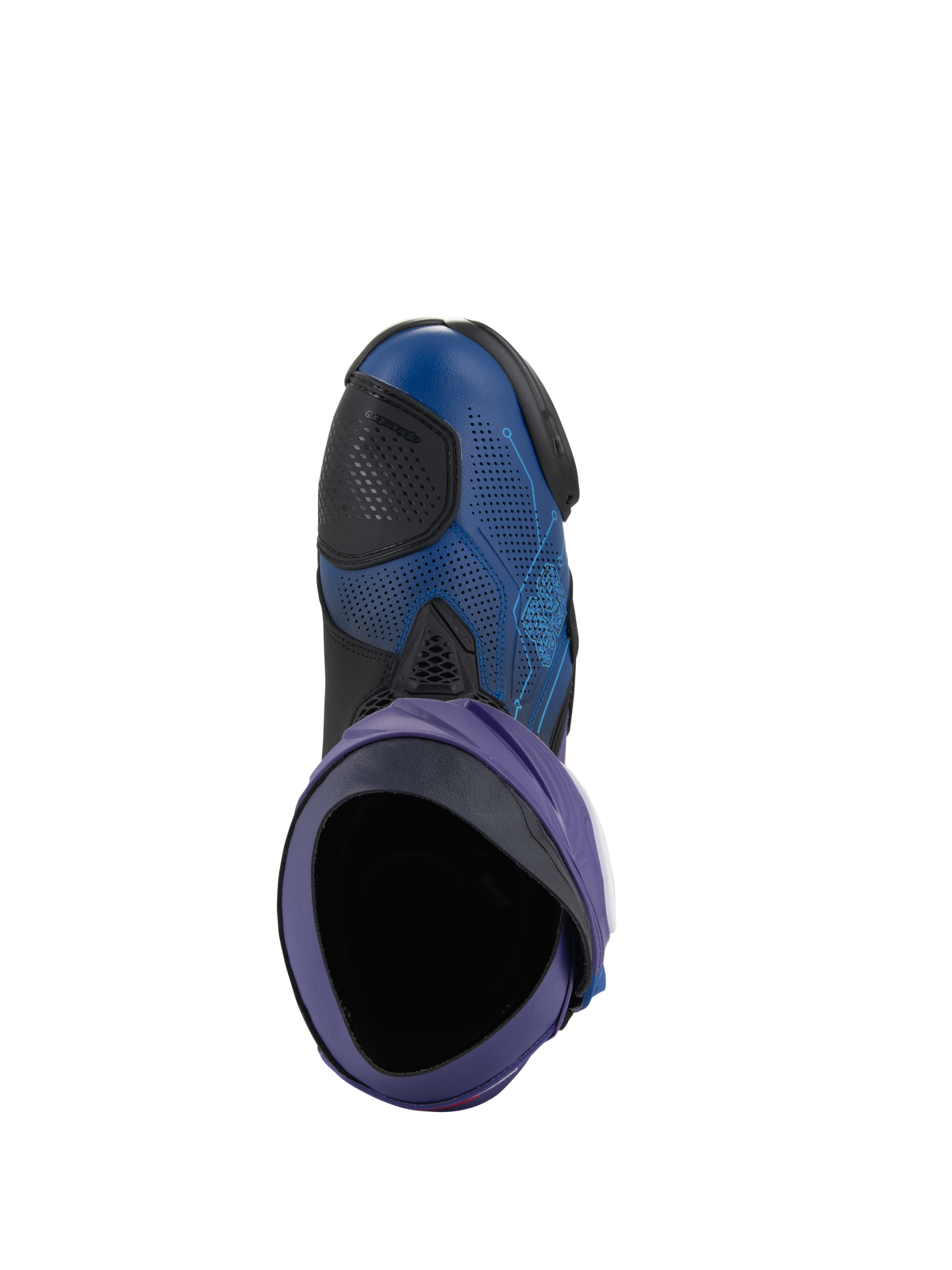 Alpinestars Supertech R LE Martinator R01 Vented Boots, Racing Motorcycle Boots, Blue and Purple with black accents, top-down view looking into the boot, featuring perforated microfiber upper and racing design