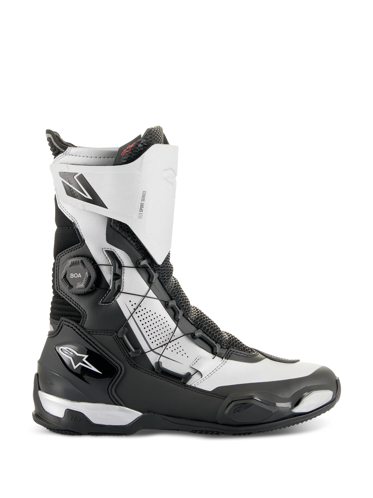 Alpinestars SP-X BOA® Boots, mid-height motorcycle sport boots, Black and Silver, featuring the side-mounted BOA Fit System, TPU protection, and breathable Rideknit material, sleek design for sport touring riding