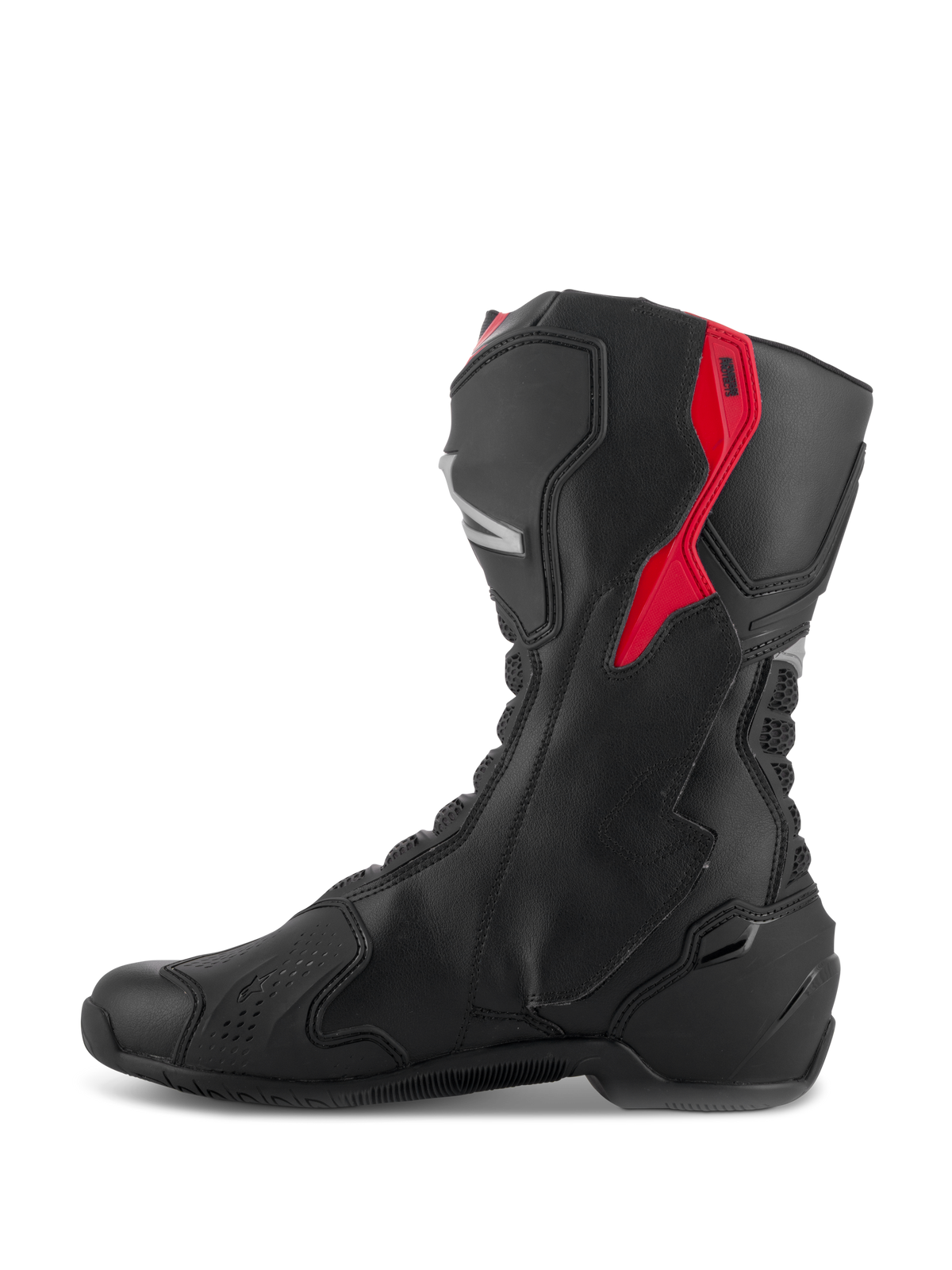Alpinestars SMX-6 V3 Boots, Performance Riding Boots, Black with Red and Silver accents, side profile view showing microfiber construction and protective TPU panels, race-derived design for track and street performance