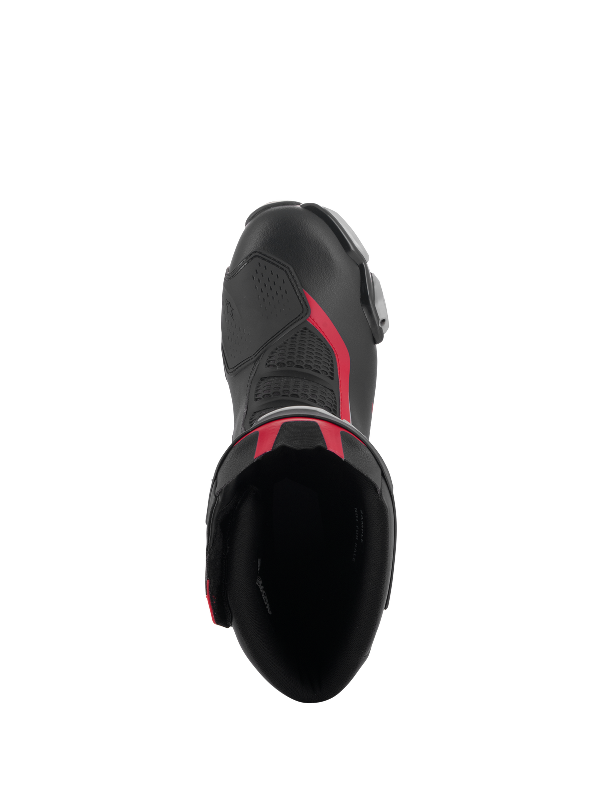 Top-down view of Alpinestars SMX-6 V3 Boots in Black Silver Red, featuring the boot's opening, microfiber construction with red highlights, and integrated TPU shifter zone.