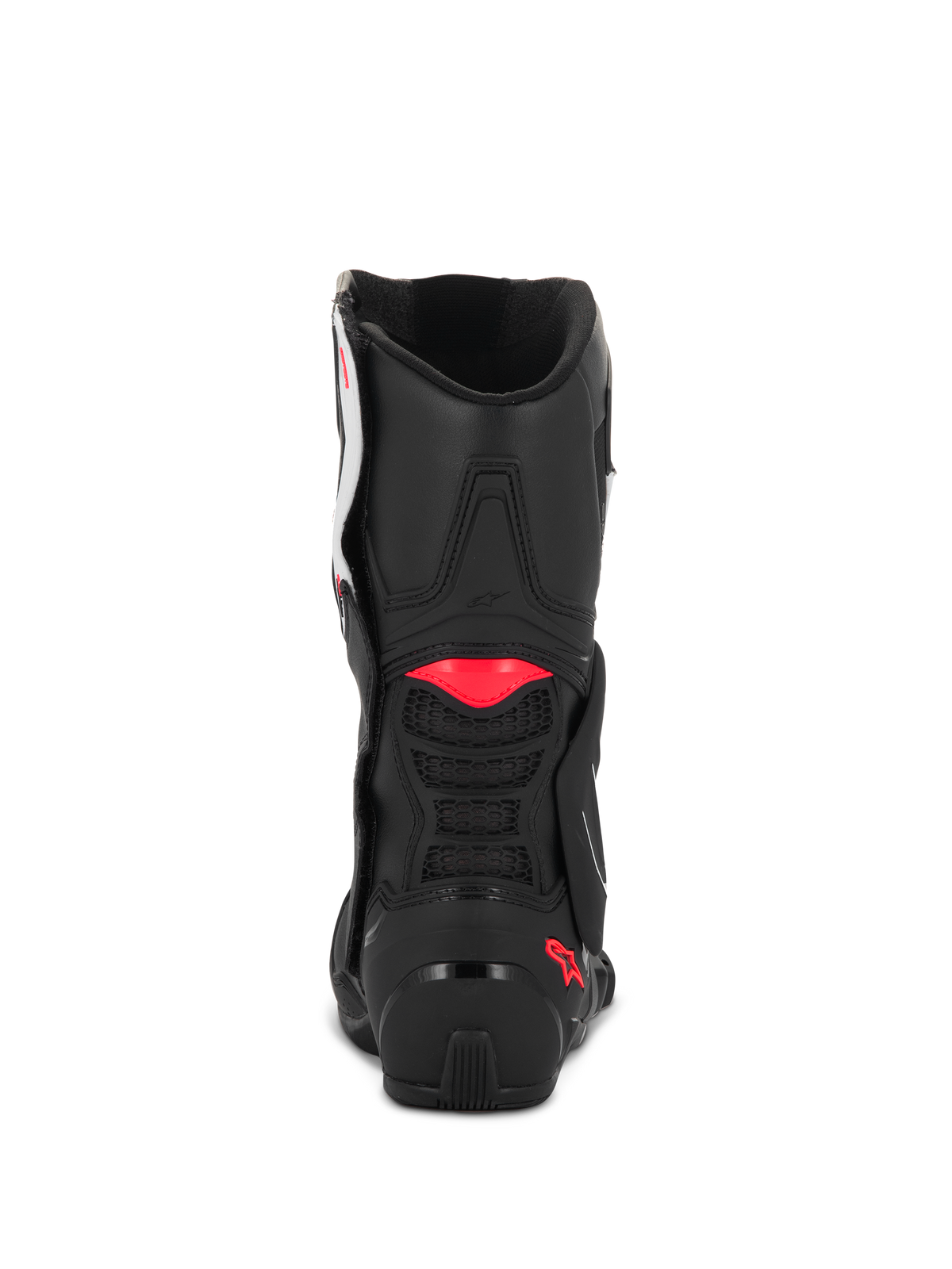 Alpinestars Stella SMX-6 V3 Boots, Black White Diva Pink, rear view showing black microfiber construction, pink TPU accents on the calf and heel, and integrated mesh ventilation for sport riding performance
