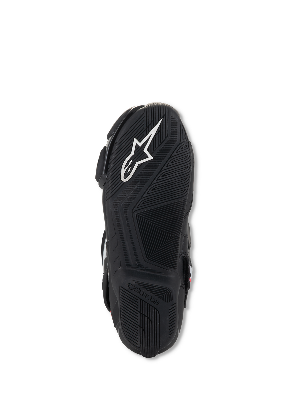Alpinestars Stella SMX-6 V3 Boots, bottom sole view, black lightweight rubber with textured grip patterns, featuring white Alpinestars logo and embossed branding for traction and pedal control