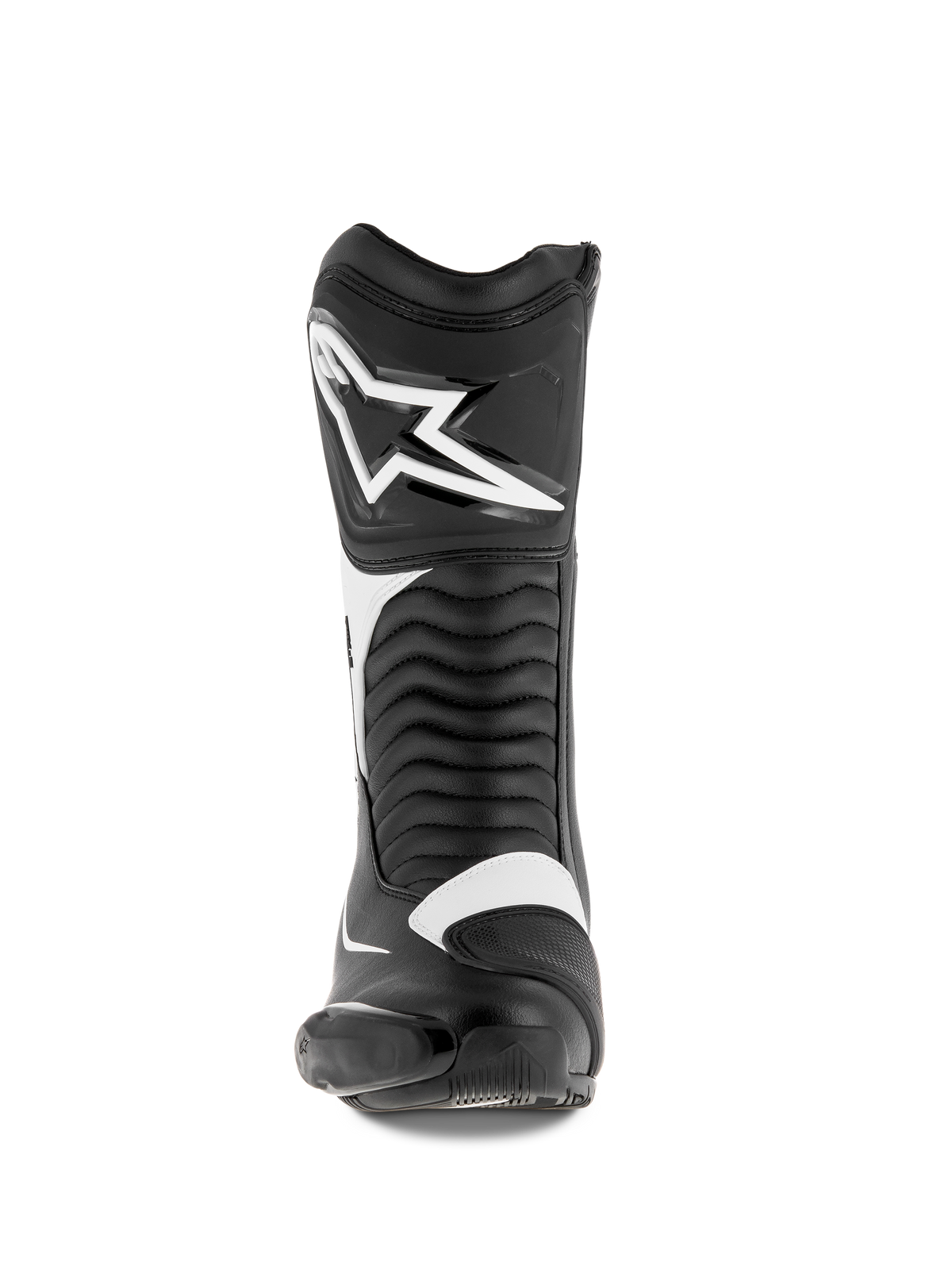 Alpinestars SMX S Boots, Motorcycle Boots, Black and White, front view featuring a large white Alpinestars logo on the shin, accordion flex panels, and durable microfiber construction with protective PU shields