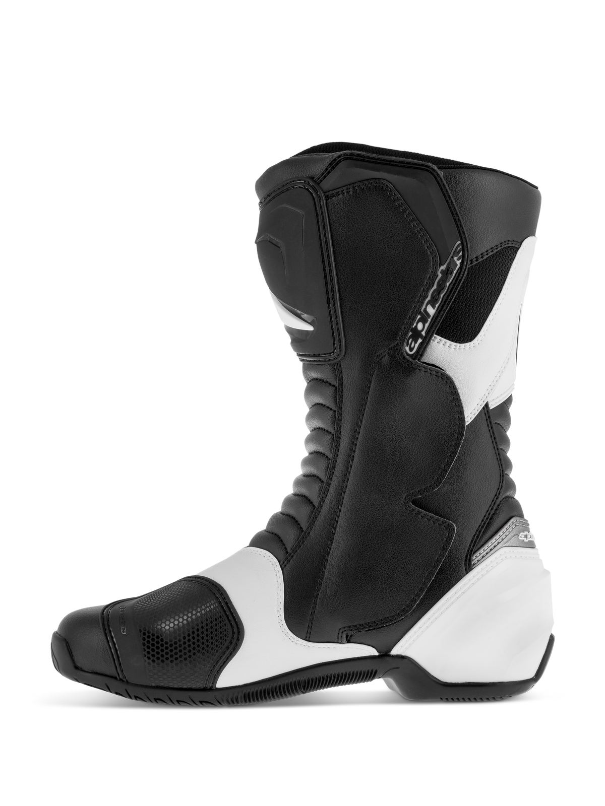 Alpinestars SMX S Boots, sport road motorcycle boots, Black and White, side profile showing durable microfiber upper with reinforced shin, ankle, and heel protectors, white accent panels, and accordion flex zones.