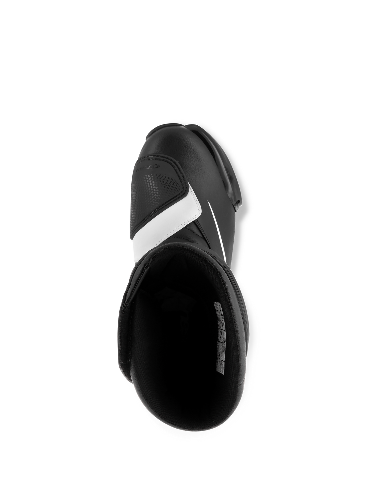 Alpinestars SMX S Boots, Black and White, top-down view showing the interior and the toe gear shifter pad, durable microfiber construction, sport motorcycle footwear