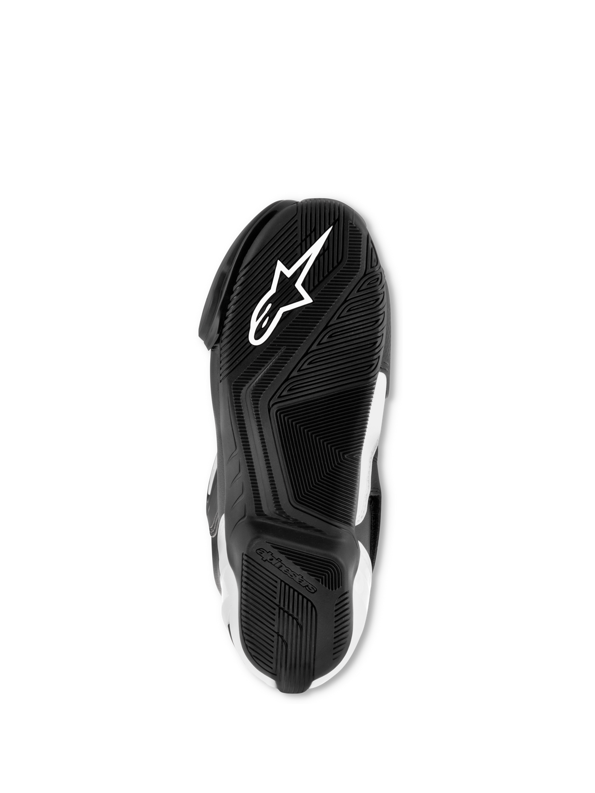 Alpinestars SMX S Boots, Black and White, bottom view of the exclusive compound rubber sole, featuring a white Astar logo and textured grip pattern for traction and support.